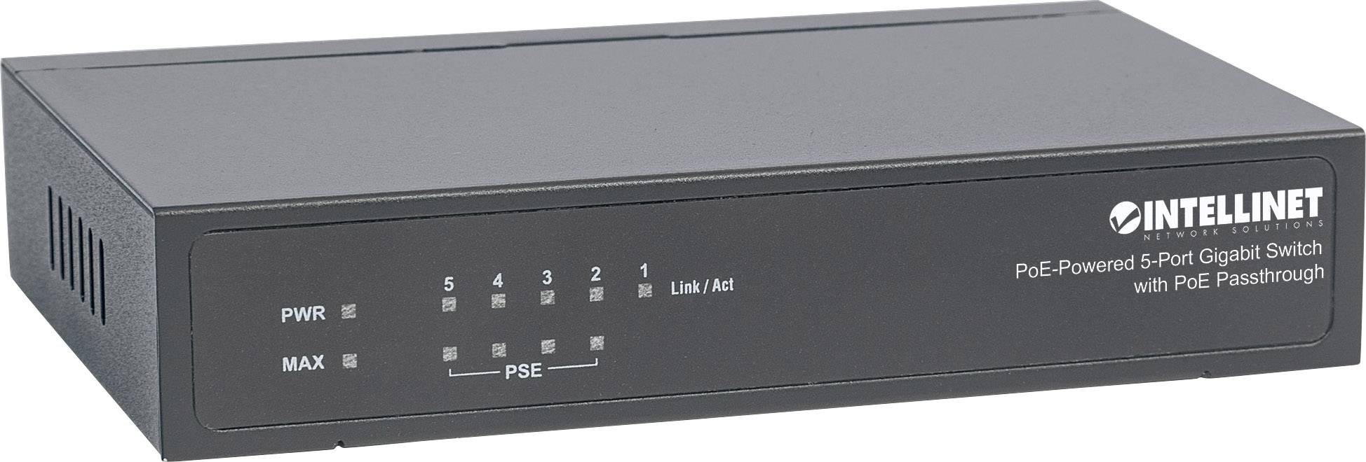 'Intellinet PoE Power 5-Port Gigabit Switch mit PoE Passthrough' auf der Vorderseite eines schwarzen Netzwerkgeräts.