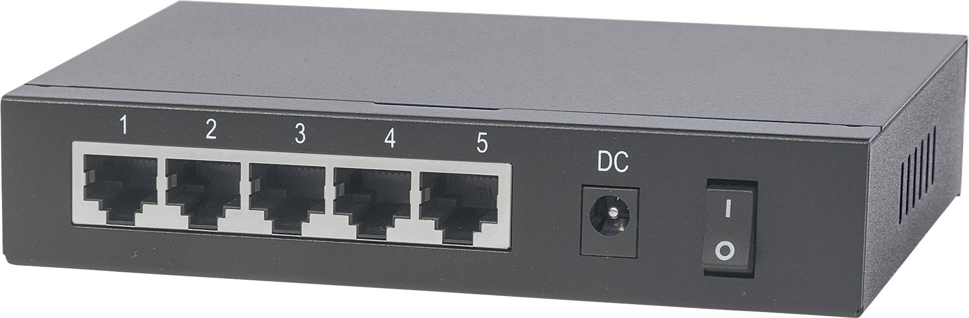 Netzwerkswitch mit fünf Ethernet-Ports und einem Netzschalter. Numeriert von 1 bis 5, daneben ein DC-Anschluss für Stromversorgung.