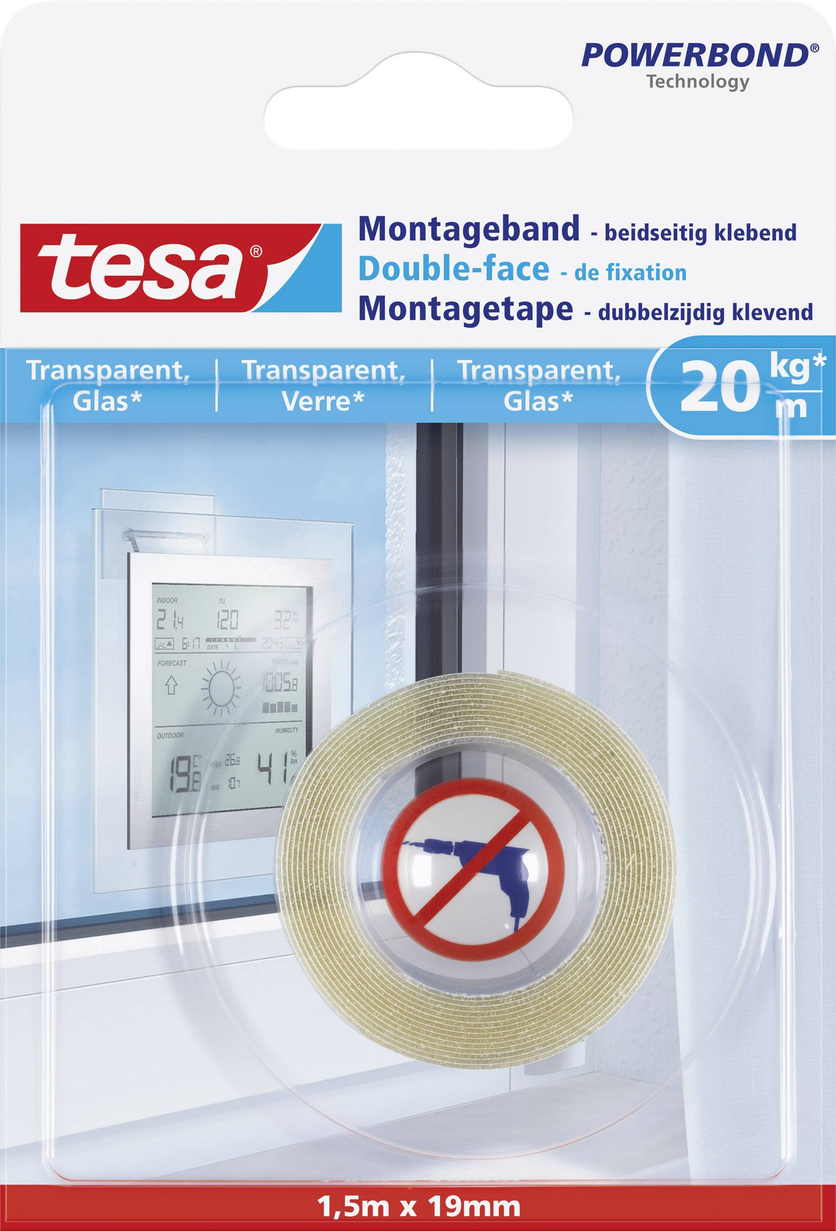 Verpackung für Tesa Powerbond, doppelseitiges transparentes Klebeband für Glas, 20 kg Tragkraft, 1,5 m x 19 mm, vor einem Fenster.