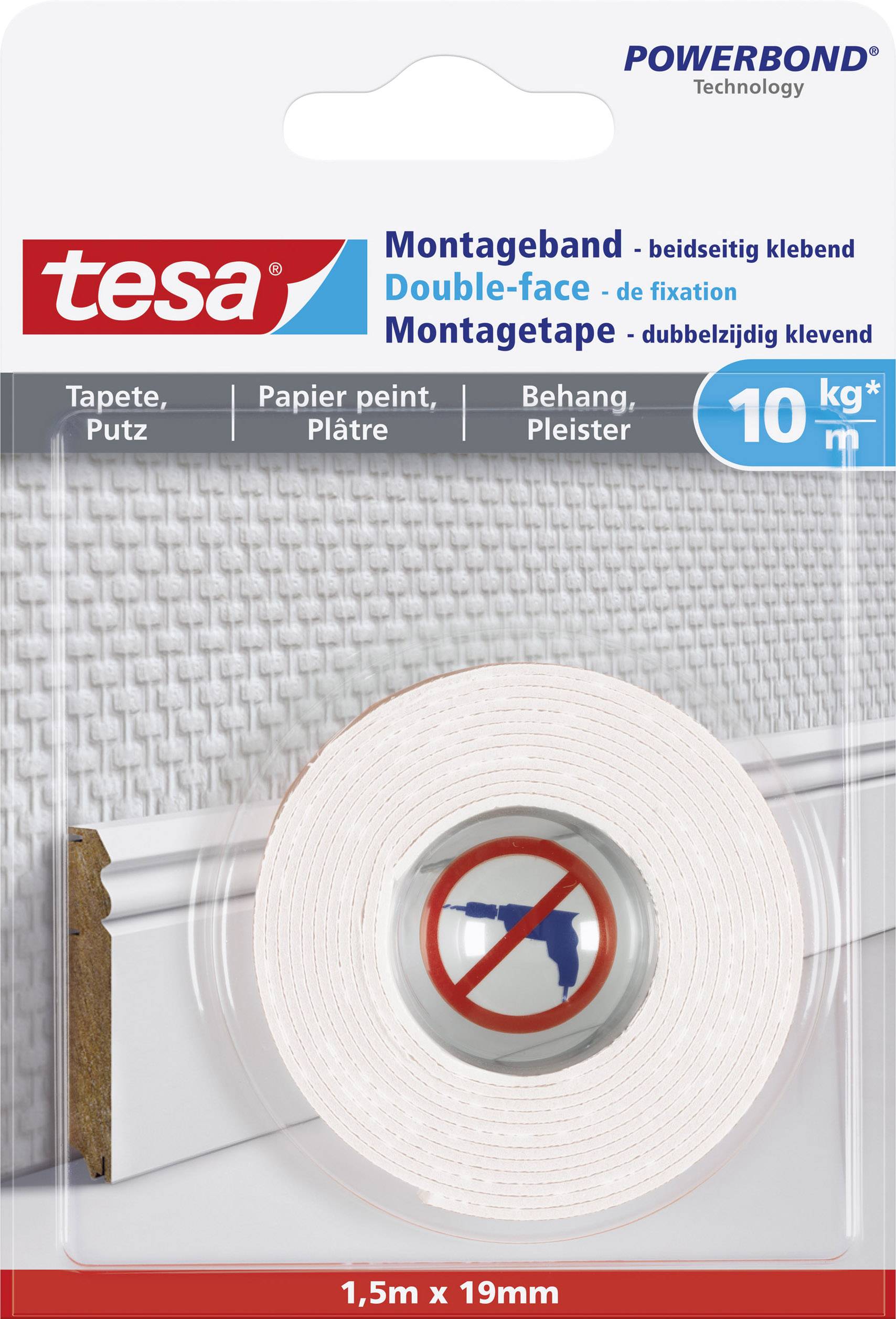 'Montageband' von tesa, doppelseitig klebend, für Tapeten und Putz, hält bis 10 kg/m. Rolle: 1,5 m x 19 mm. Verpackung zeigt Anwendung.
