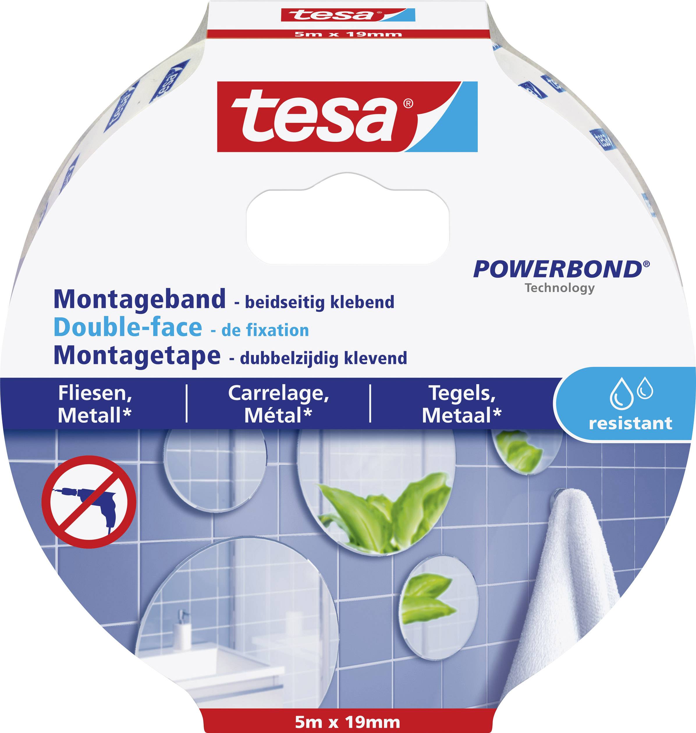 Verpackung für doppelseitiges Montageband von Tesa, geeignet für Fliesen und Metall. Wasserbeständig, 5m x 19mm.