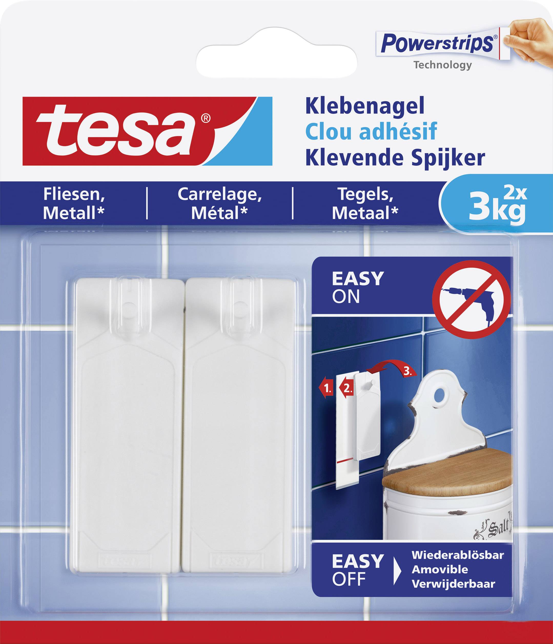Klebender Nagel für Fliesen oder Metall. Belastbar bis 3 kg. Abbildung zeigt Anwendungsschritte. Wiederablösbar, einfach zu installieren.