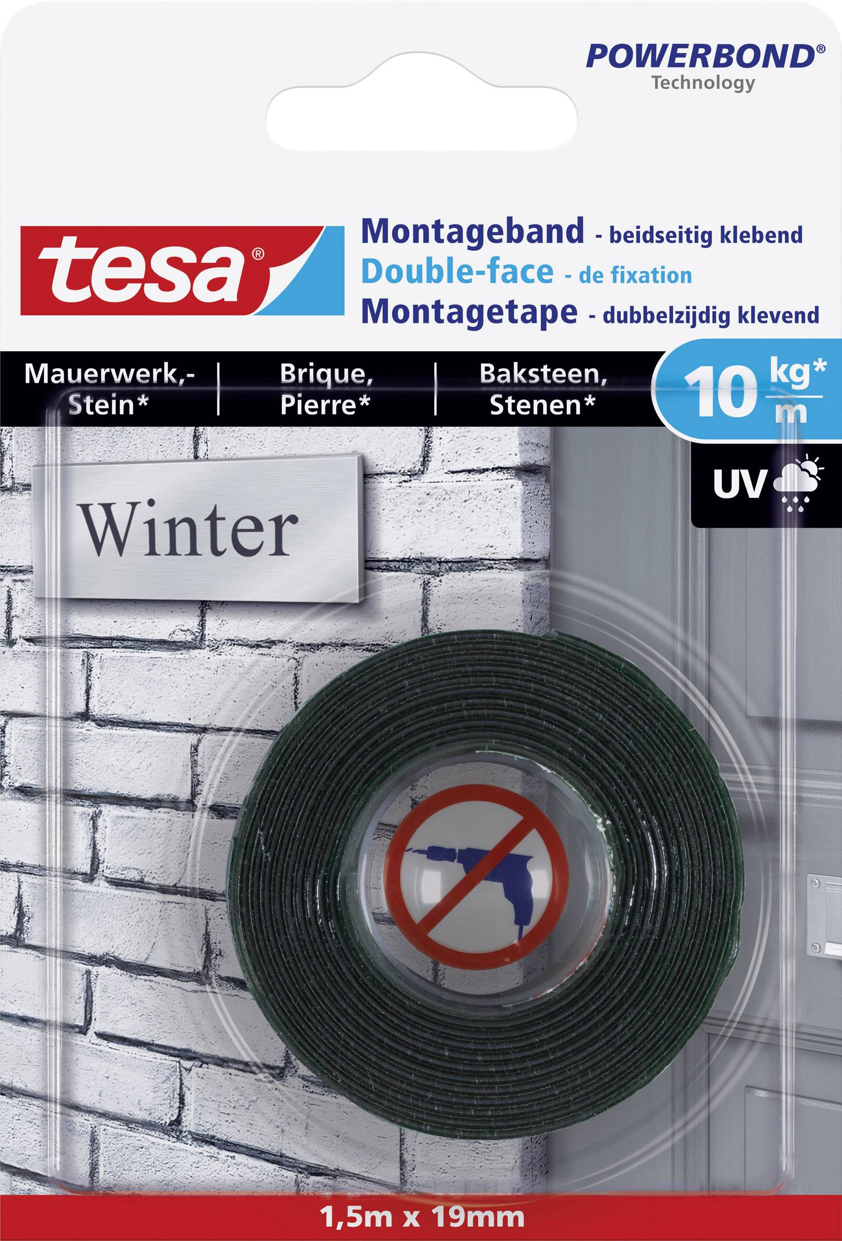 Montageband-Produktverpackung mit der Aufschrift 'Winter'. Doppelseitiges Klebeband von 1,5 m x 19 mm, geeignet für Steinmauerwerk.