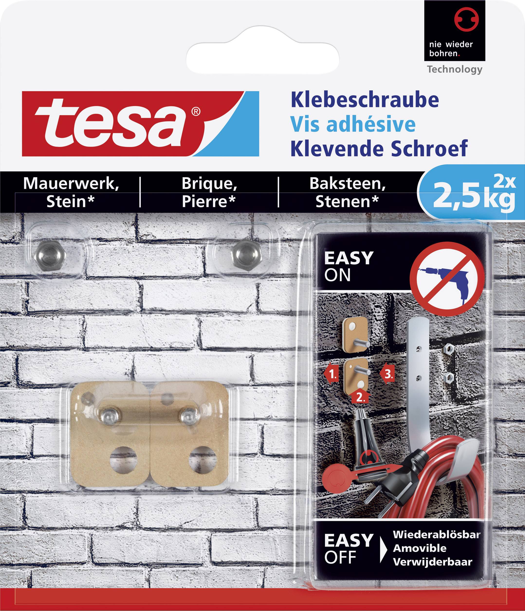 Verpackung mit tesa Klebeschrauben für Mauerwerk, Stein mit 2,5 kg Tragkraft. Einfach anzuwenden, rückstandslos entfernbar.