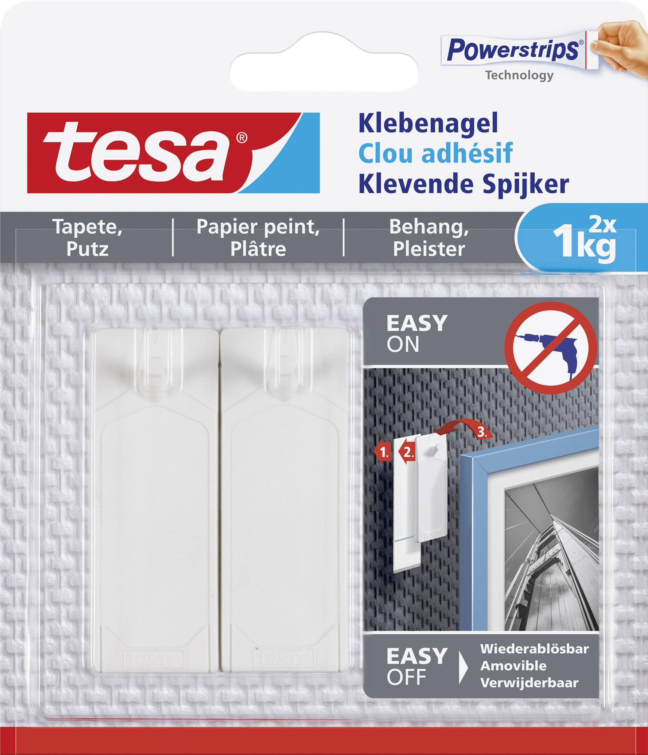 Verpackung von tesa Klebenägeln für Tapeten und Putz, 1 kg Tragkraft, wieder ablösbar. Abbildung zeigt einfache Anwendung.
