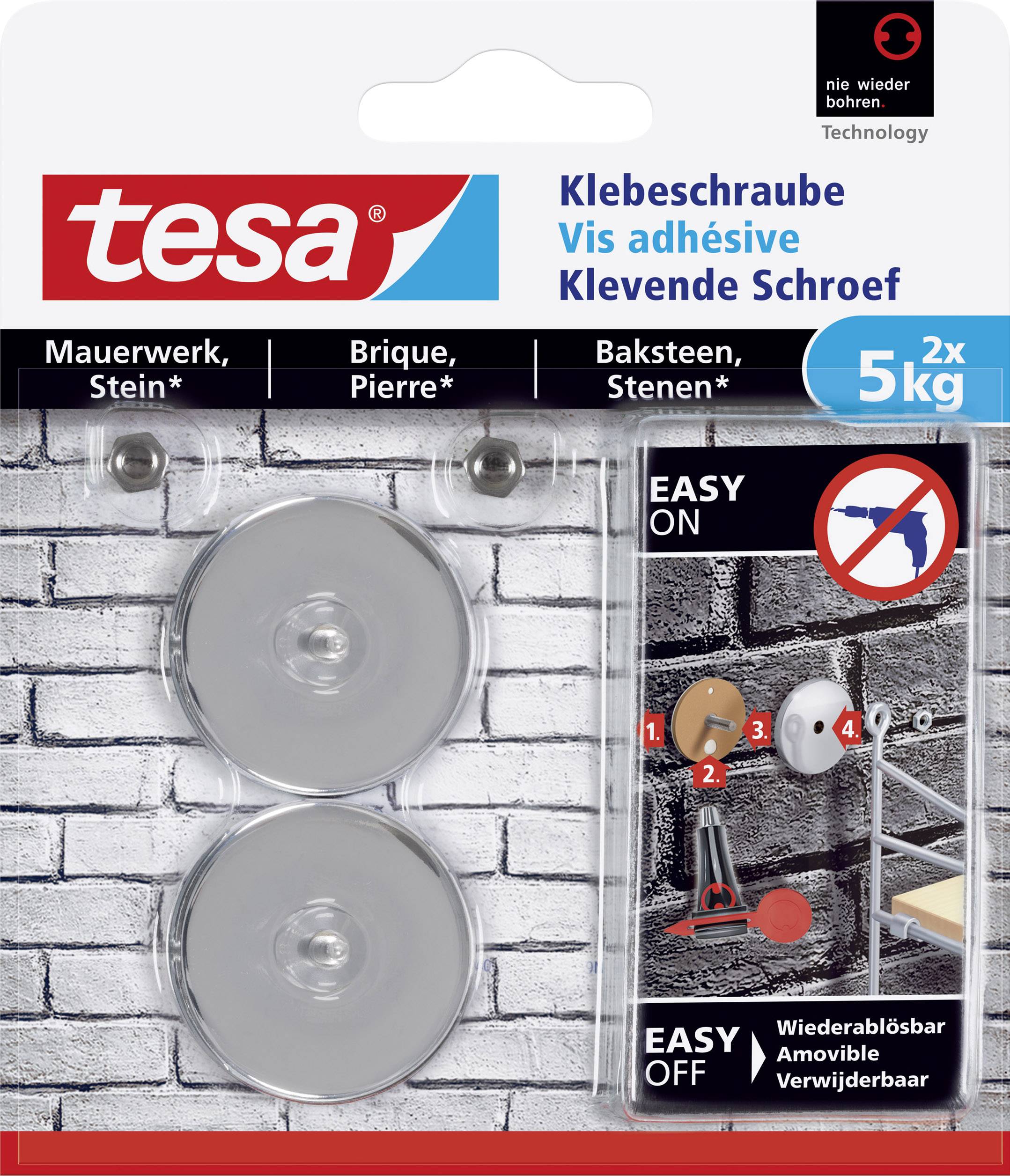 Verpackung von Tesa Klebeschraube für Stein. Zwei Schrauben abgebildet, Tragkraft bis 5 kg. Text in vier Sprachen, einfache Anwendung.