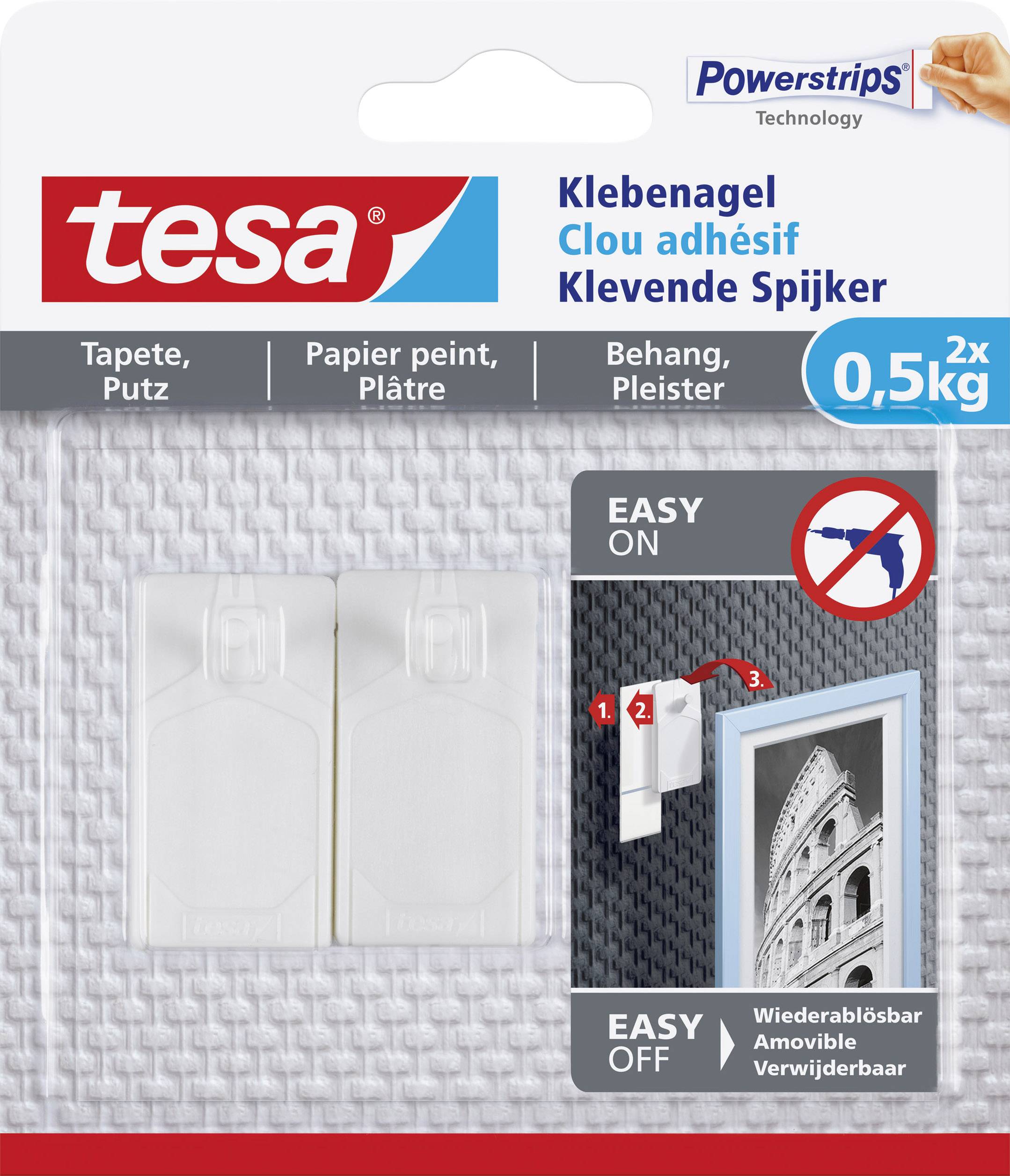 Verpackung von Tesa Klebenagel, geeignet für Tapete und Putz, Belastung bis 0,5 kg. Enthält zwei Klebenägel mit Anleitung.