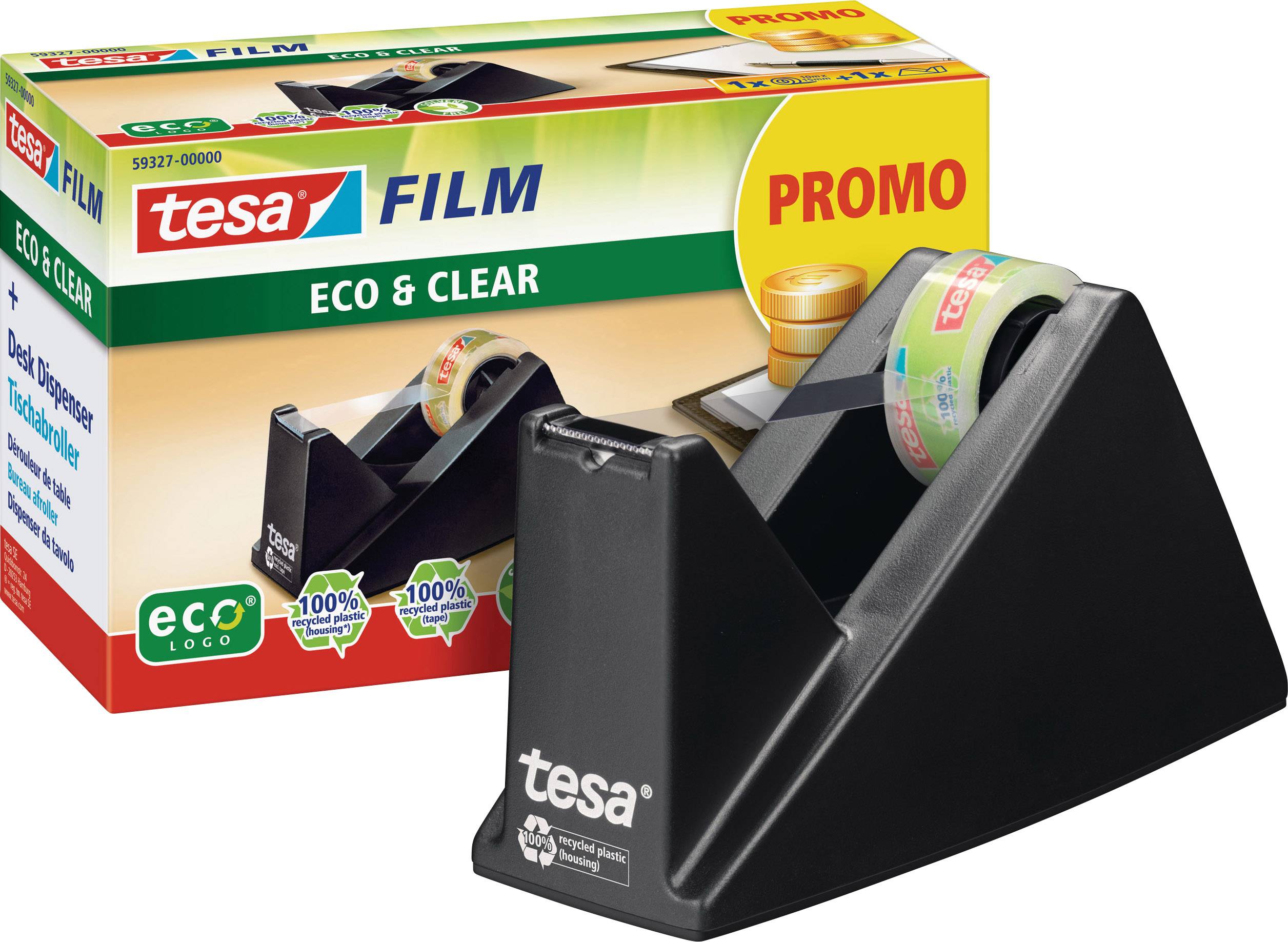 Klebebandabroller mit tesa Film 'ECO & CLEAR', Promopackung. Verpackung zeigt Umweltlogos und wirbt für Nachhaltigkeit.