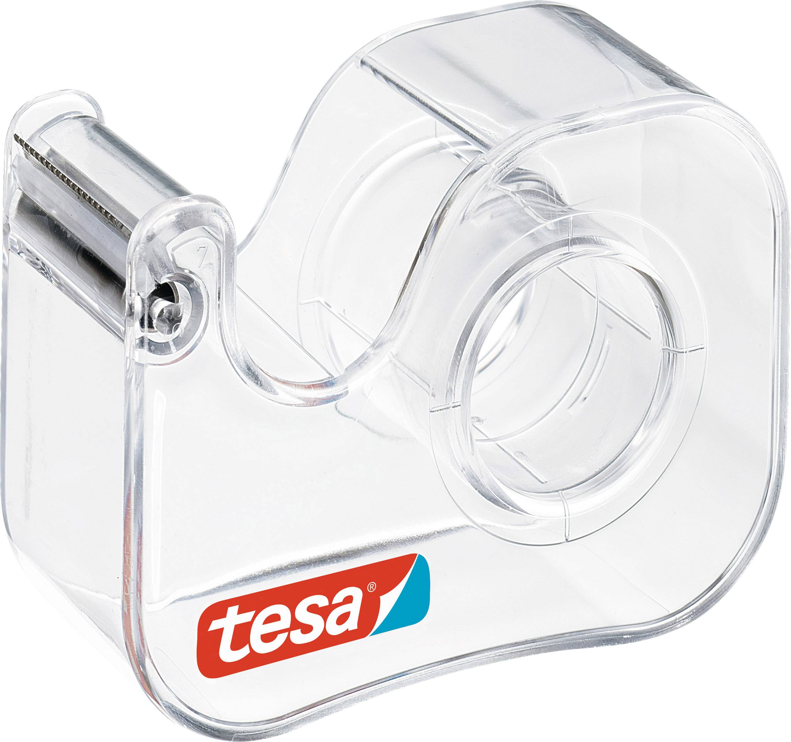 Ein transparenter Klebebandabroller mit einem 'tesa' Logo in rot und weiß darauf. Der Abroller ist leer und aus Plastik.