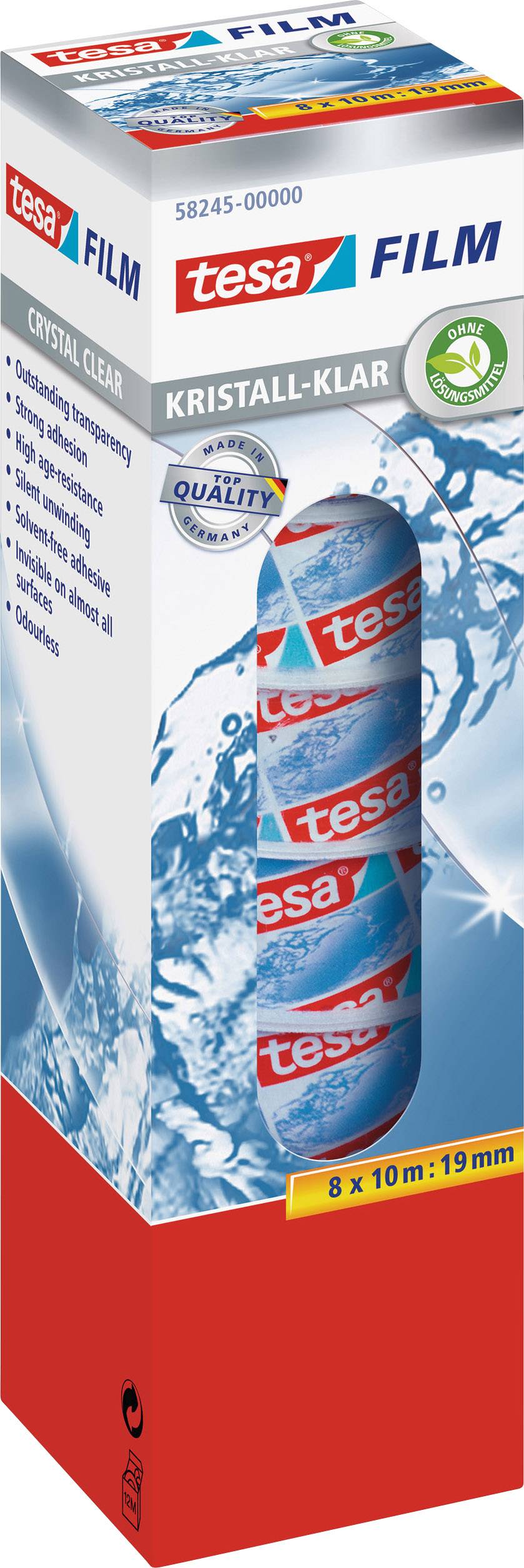 Verpackung von Tesa Kristall-Klar Film, zeigt acht Rollen Klebefilm. Text auf der Verpackung hebt die hohe Transparenz hervor.