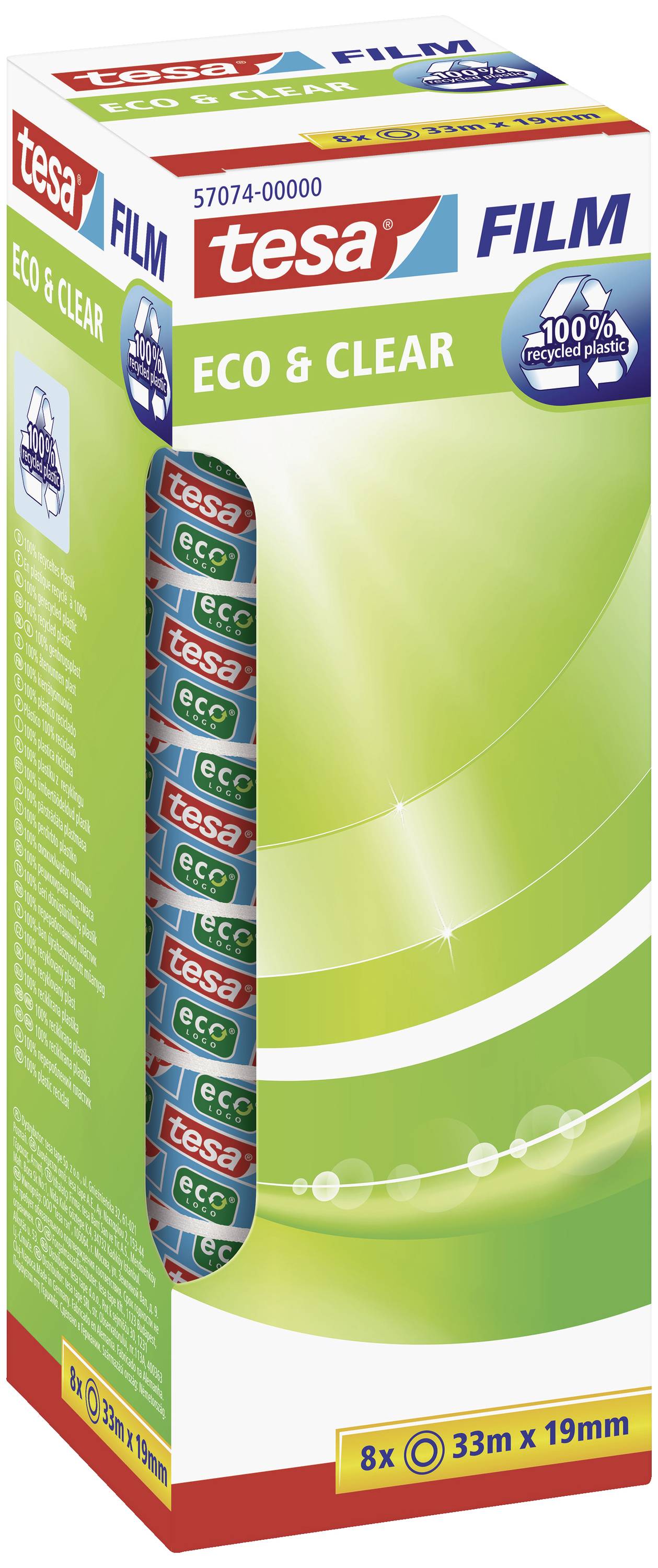 Eine Verpackung Tesa Film 'Eco & Clear', 8 Rollen, transparent, 100% recyclebare Materialien, 33m x 19mm pro Rolle.