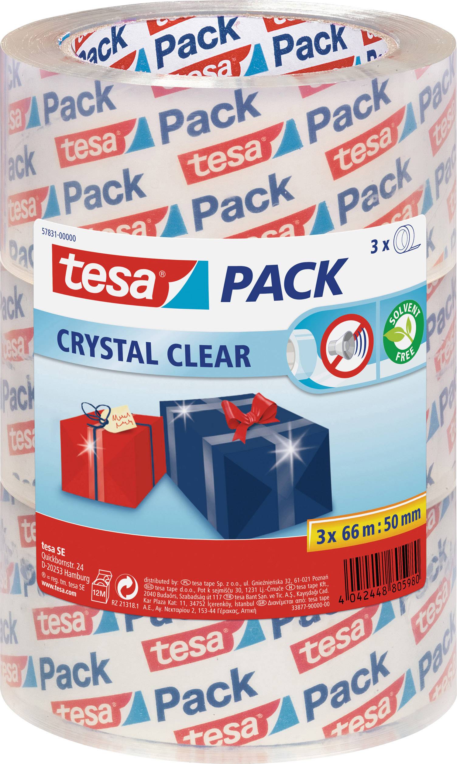 Drei Rollen Tesa-Packklebeband „Crystal Clear“. Verpackungsdesign zeigt Geschenkschleifen, Symbol für Lärmminderung und lösemittelfrei.