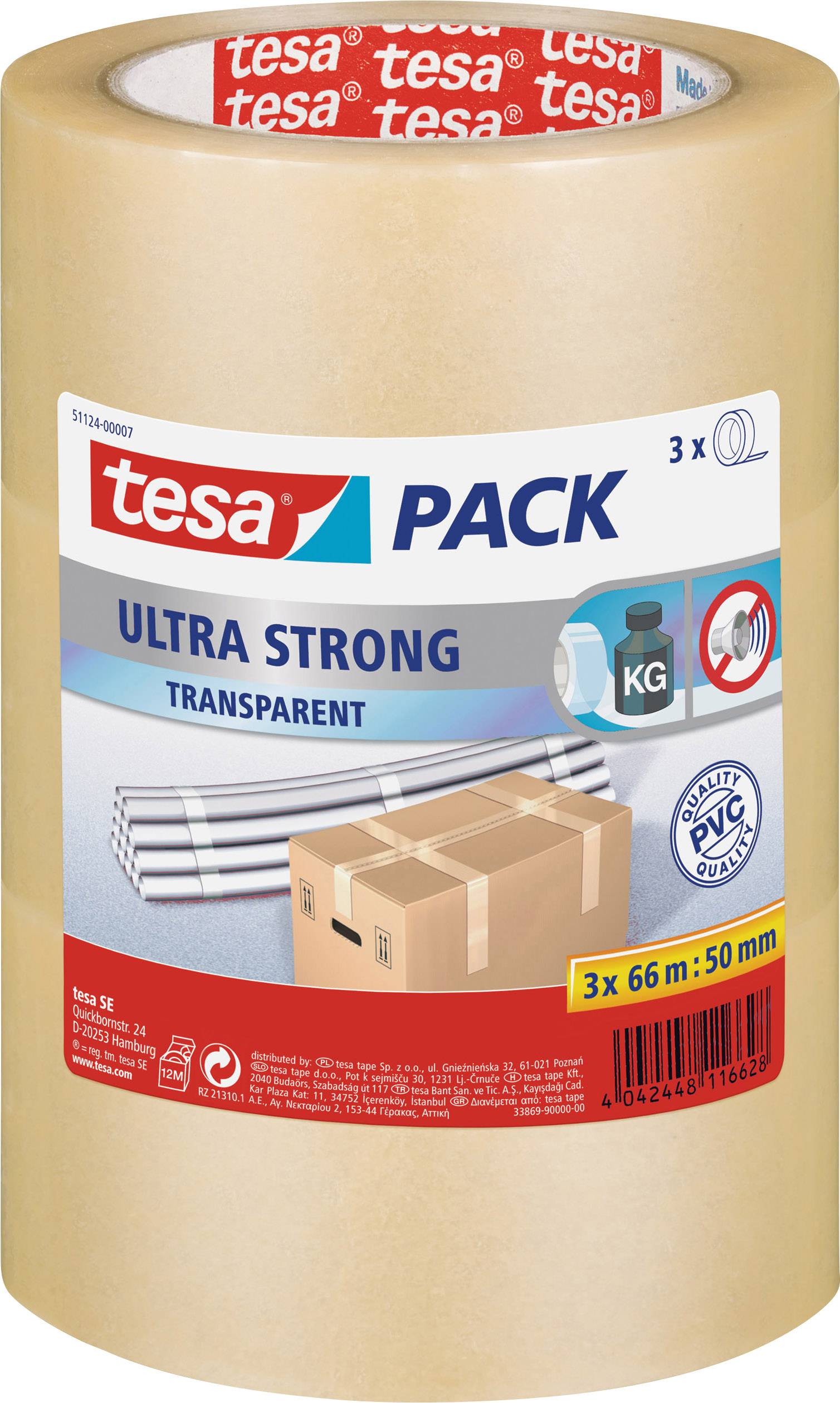 Verpackungsband 'tesa Ultra Strong', transparent, geeignet für schwere Pakete. Rolle mit 66 m Länge und 50 mm Breite.