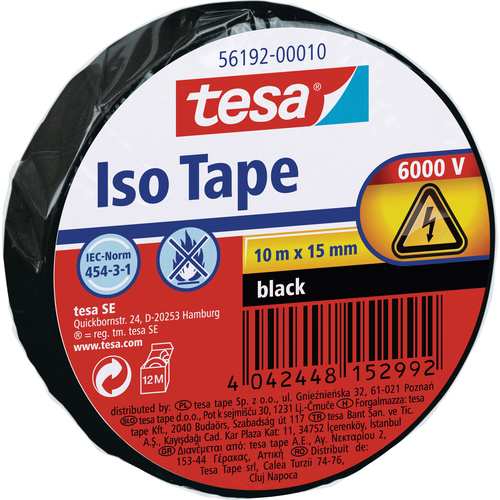 TESA 56192-00010-22 Isolierband Schwarz (L x B) 10 m x 15 mm