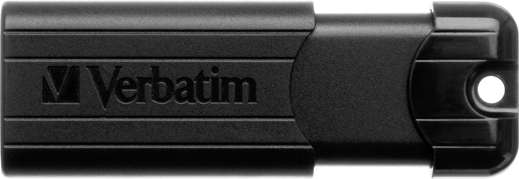 Schwarzer USB-Stick mit 'Verbatim'-Logo auf der Oberfläche, kompakt und tragbar, geeignet zum Speichern und Übertragen von Daten.