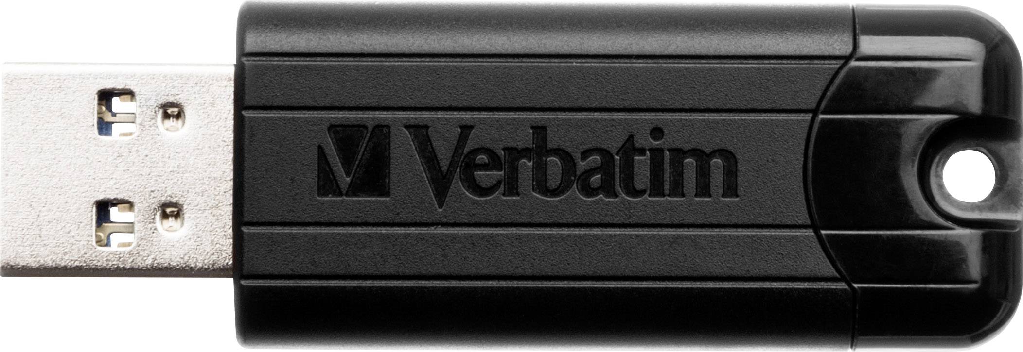 Schwarzer USB-Stick der Marke Verbatim mit einer Öse zur Befestigung.