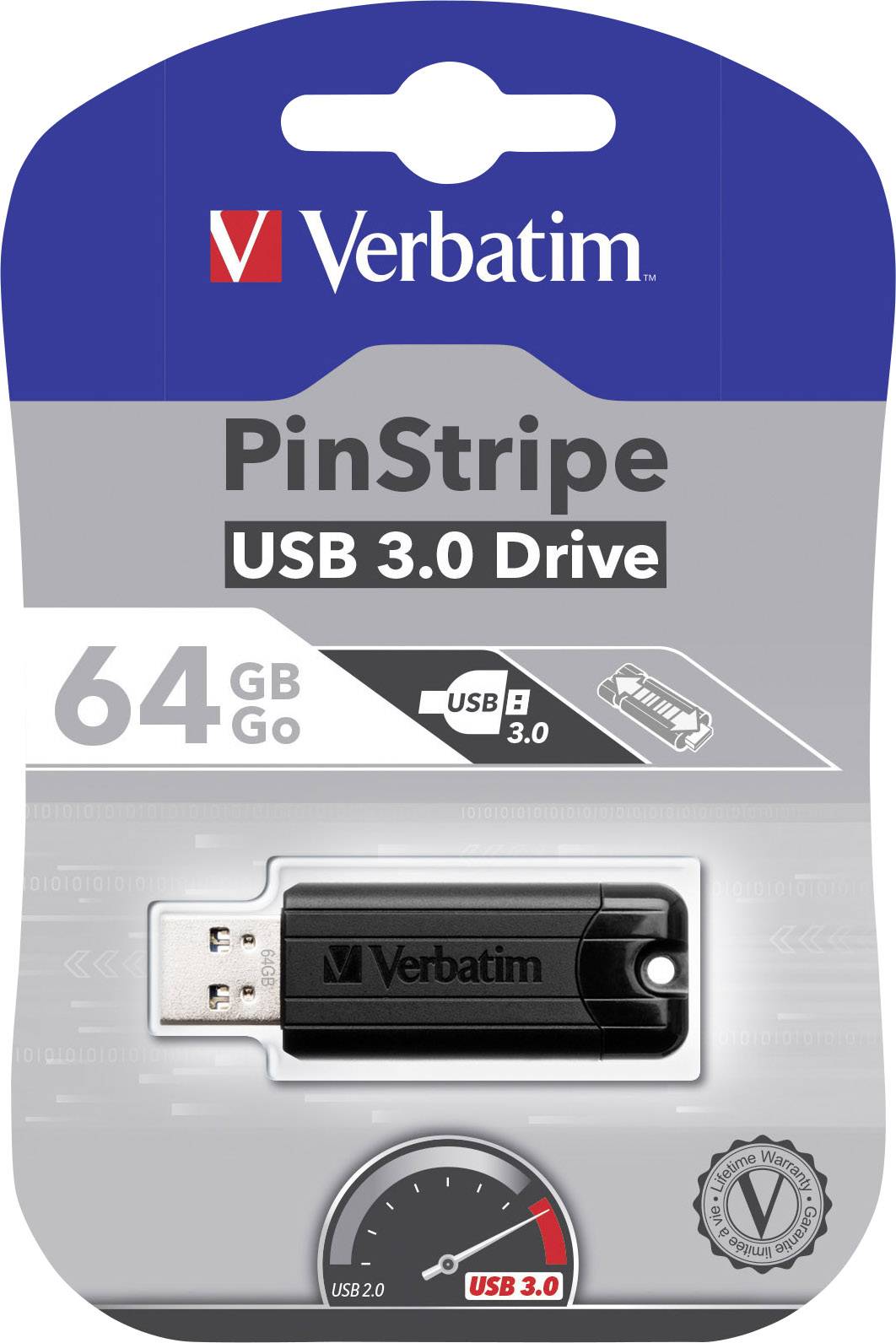 Verpackung eines Verbatim PinStripe USB 3.0 Sticks, 64 GB Kapazität. Zeigt das USB-Laufwerk und verwendet Grafiken, um Geschwindigkeit zu betonen.