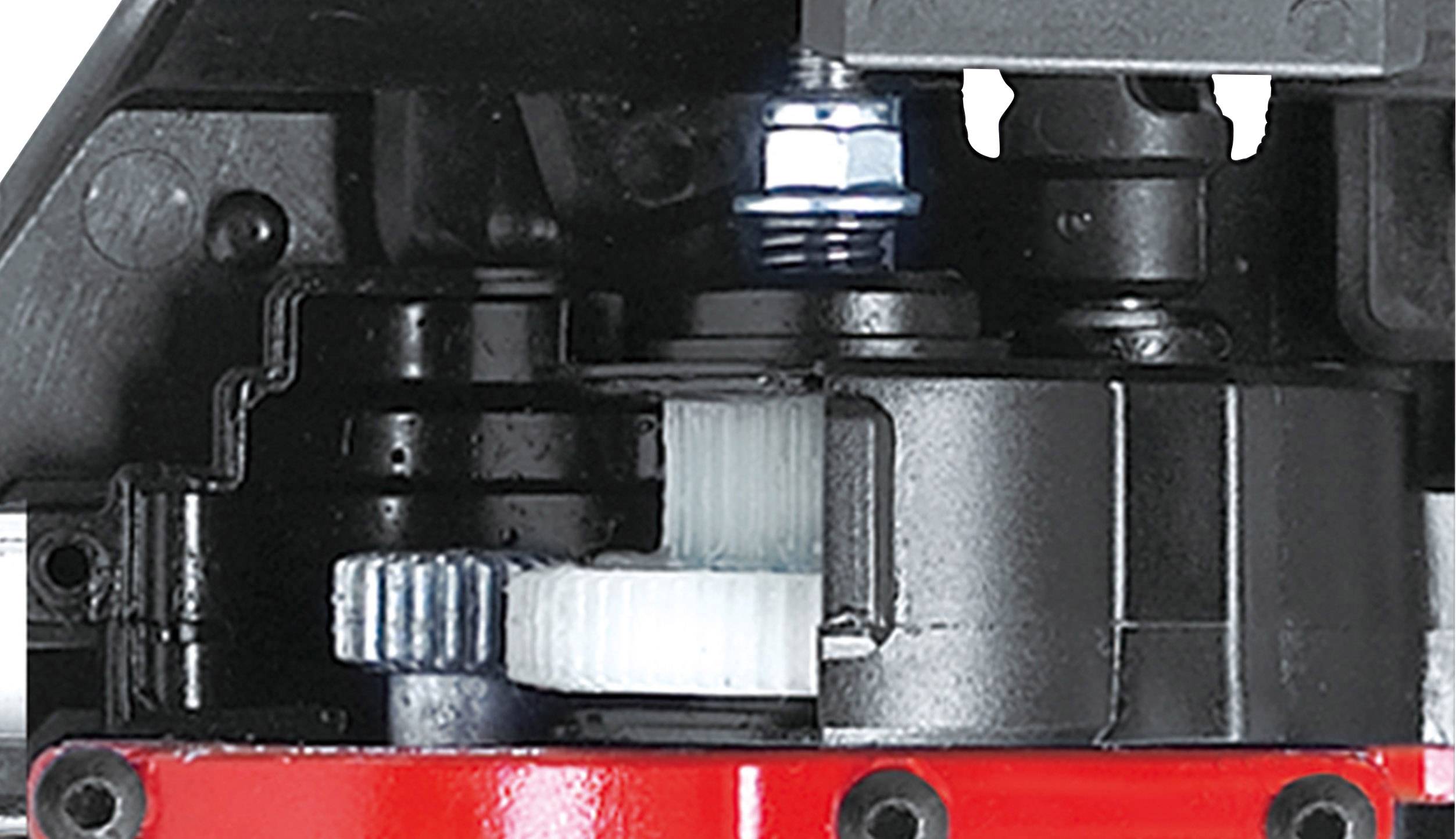 Getriebe im Querschnitt, zeigt Zahnräder und Schrauben in einem Maschinenbauteil, detaillierte mechanische Komponenten.