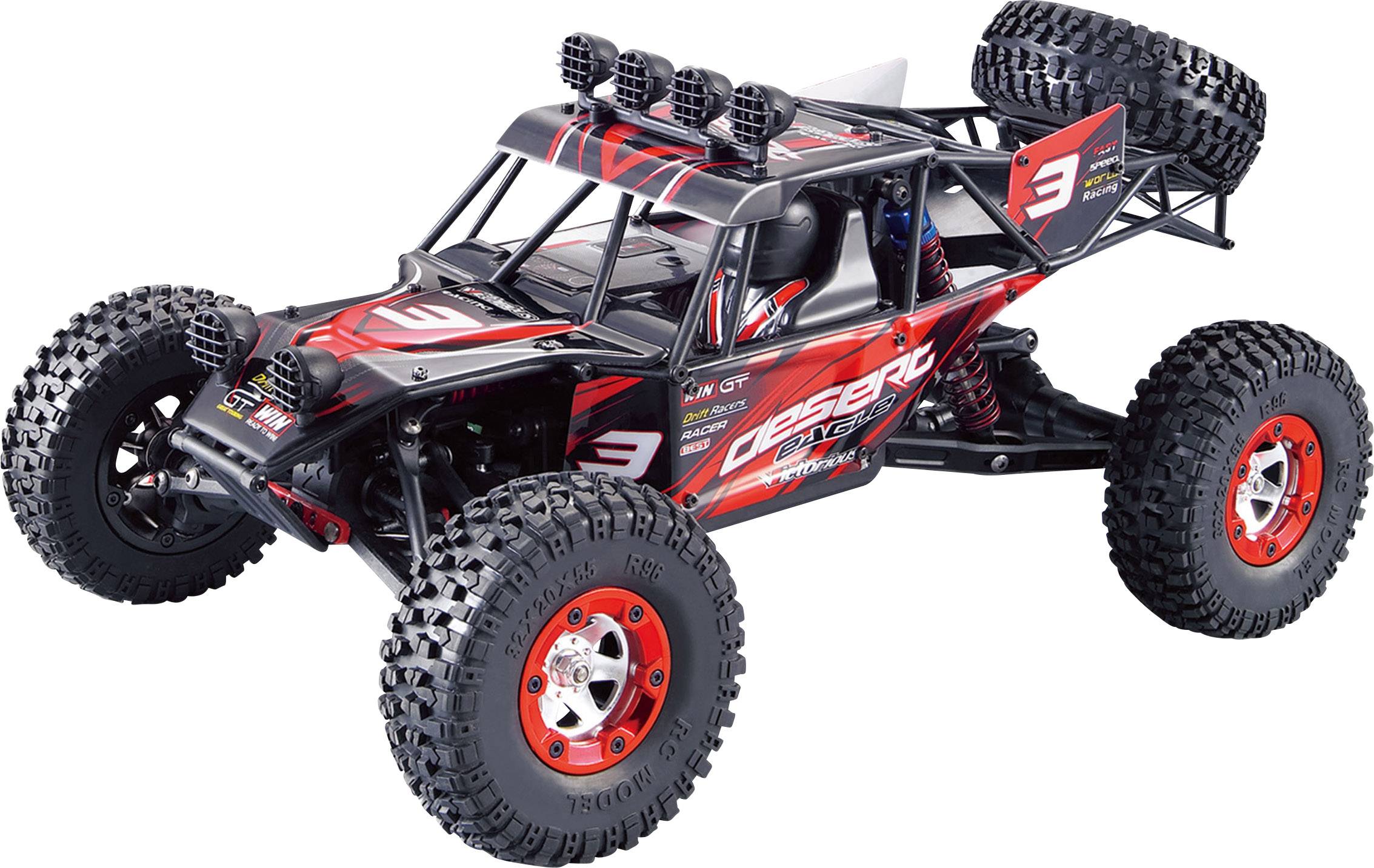 Ein schwarzes und rotes RC-Auto im Offroad-Design mit großen Reifen. Es ist robust gebaut und mit Nummern und Logos verziert.