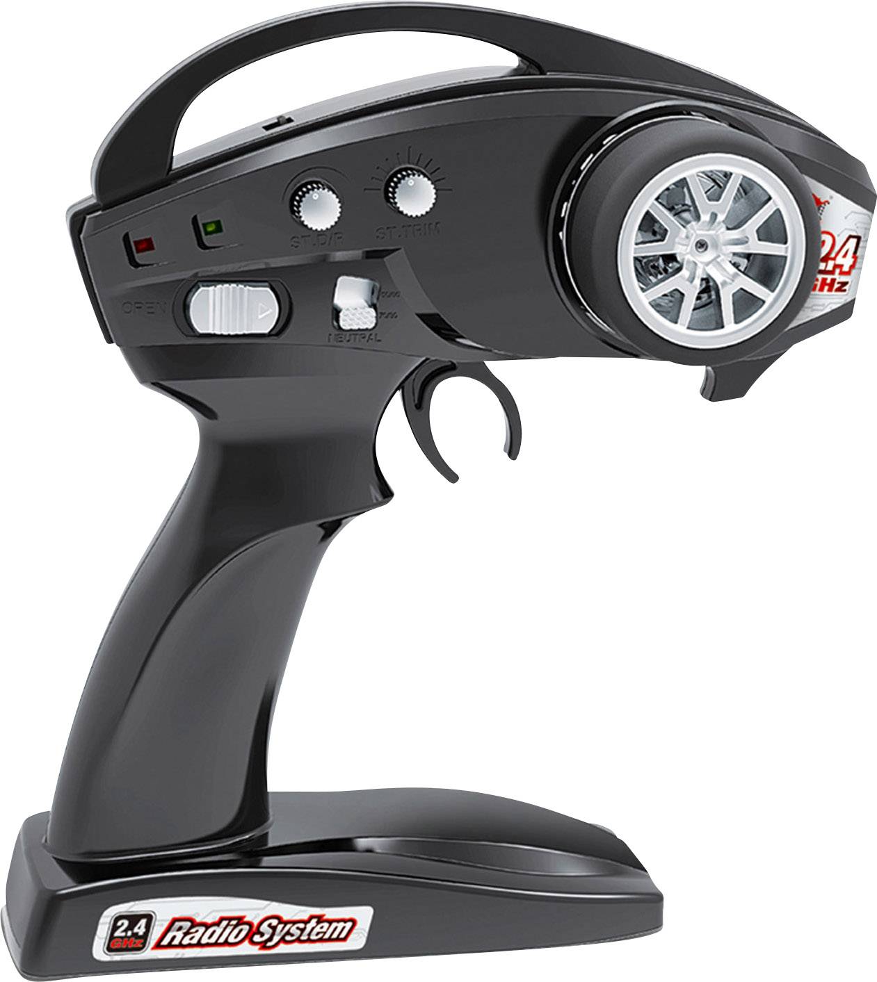 Schwarzer Fernsteuer-Controller mit mehreren Knöpfen, Schaltern und einem großen Rad, verwendet für die Steuerung von ferngesteuerten Fahrzeugen.