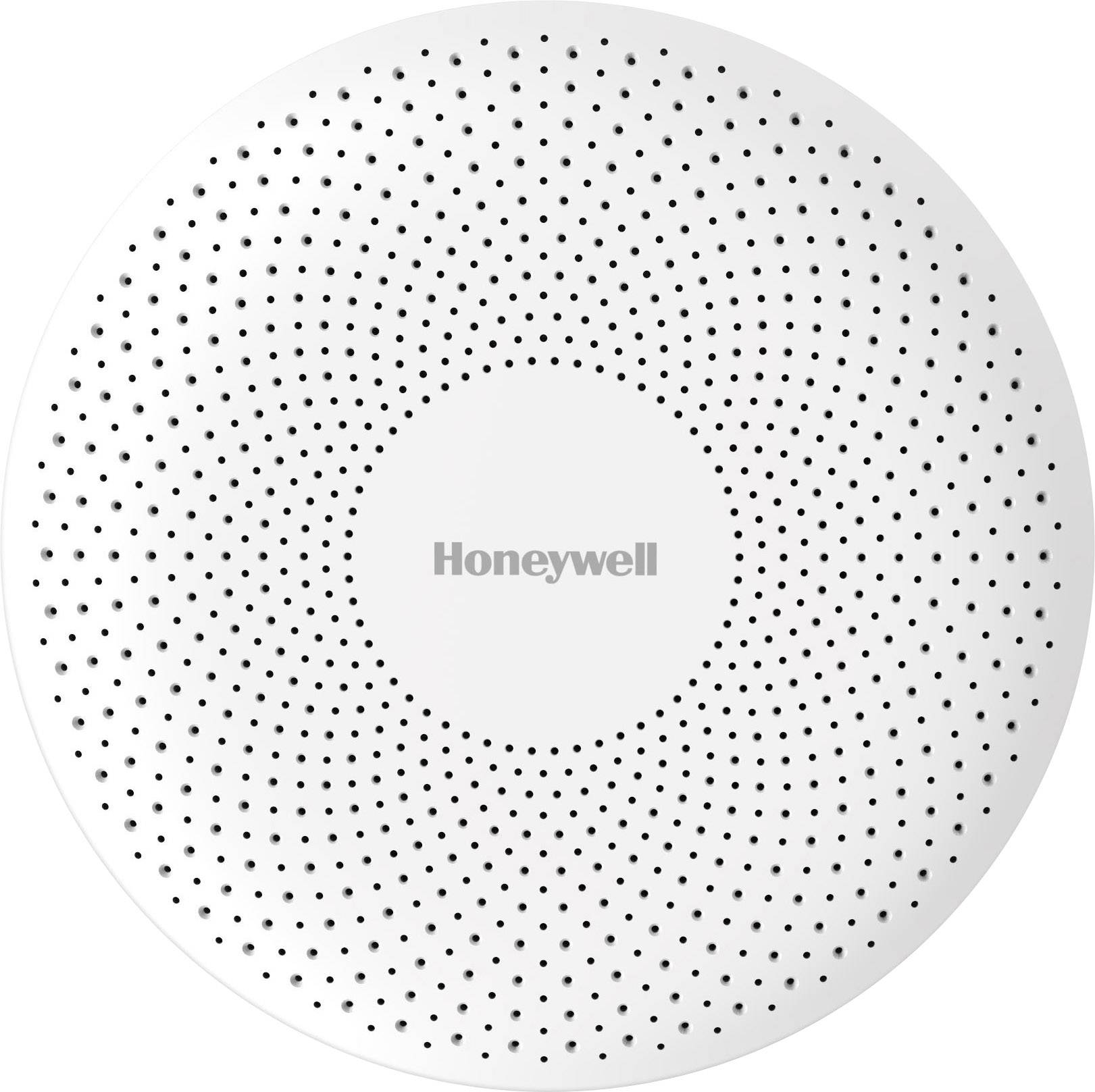 Runder, weißer Rauchmelder mit vielen kleinen Löchern und dem Schriftzug 'Honeywell' in der Mitte.