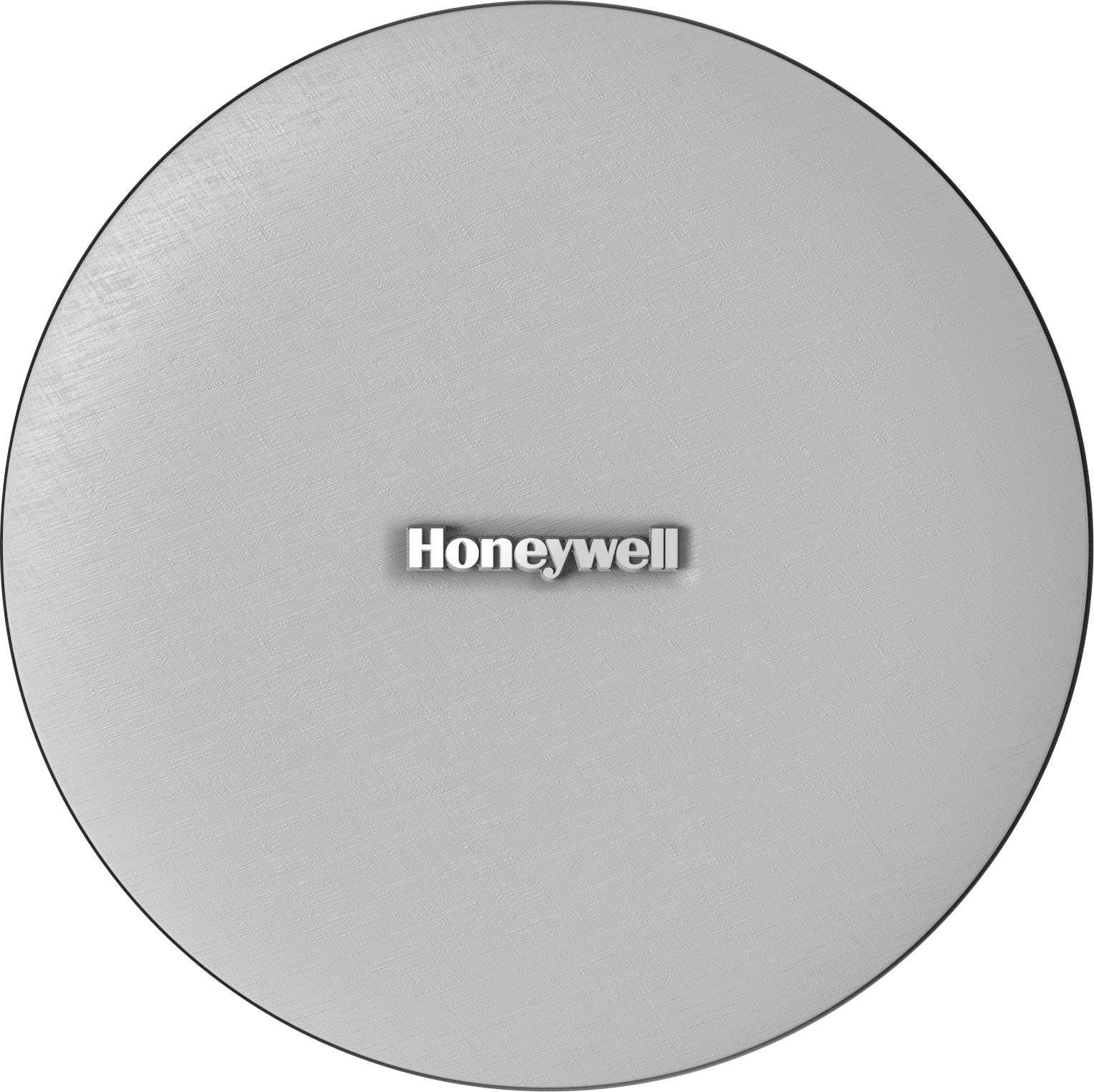 Runder Gegenstand mit metallischer Oberfläche, in der Mitte das Wort 'Honeywell' in schwarzer Schrift auf Silberhintergrund.
