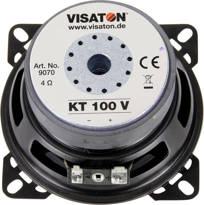 Visaton Lautsprecher, Modell KT 100 V, Art. Nr. 9070, 4 Ohm. Schwarzes Gehäuse, silberne Vorderseite mit zentraler Öffnung.