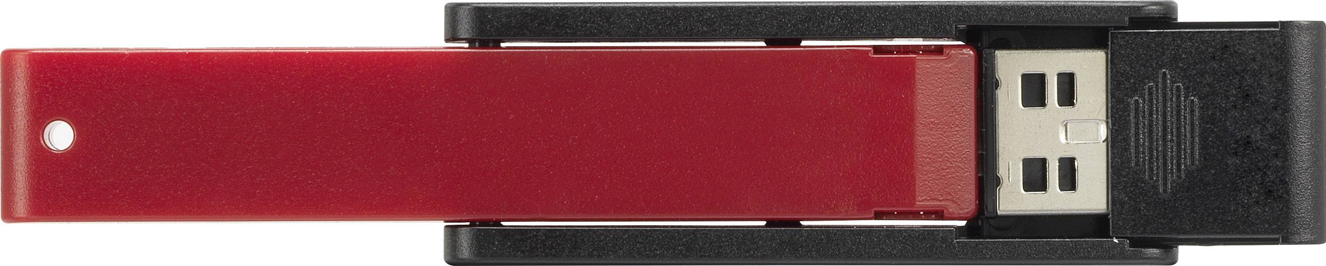 Ein roter USB-Stick mit schwarzem Gehäuse, herausgeschoben und von oben betrachtet.