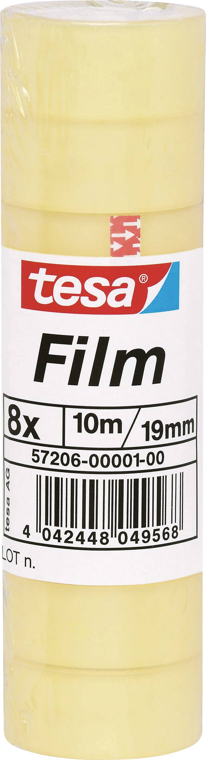 Eine Packung mit gelbem Klebefilm der Marke Tesa, 8 Rollen, je 10m lang und 19mm breit.