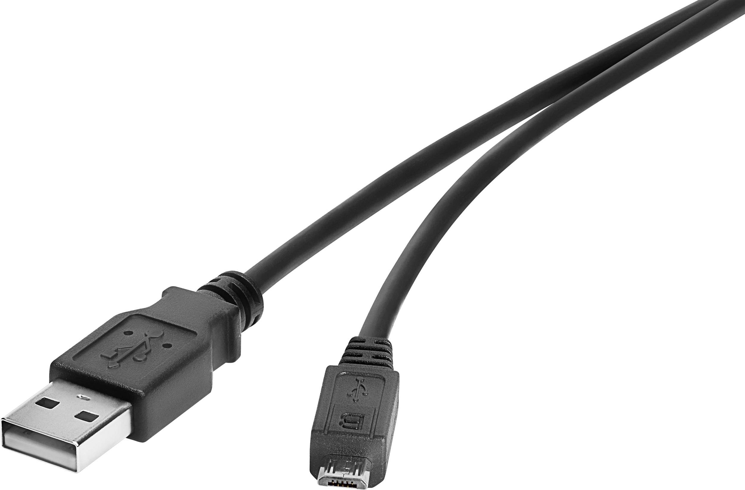 Ein USB-Kabel mit einem standardmäßigen USB-Anschluss an einem Ende und einem Micro-USB-Anschluss am anderen Ende.