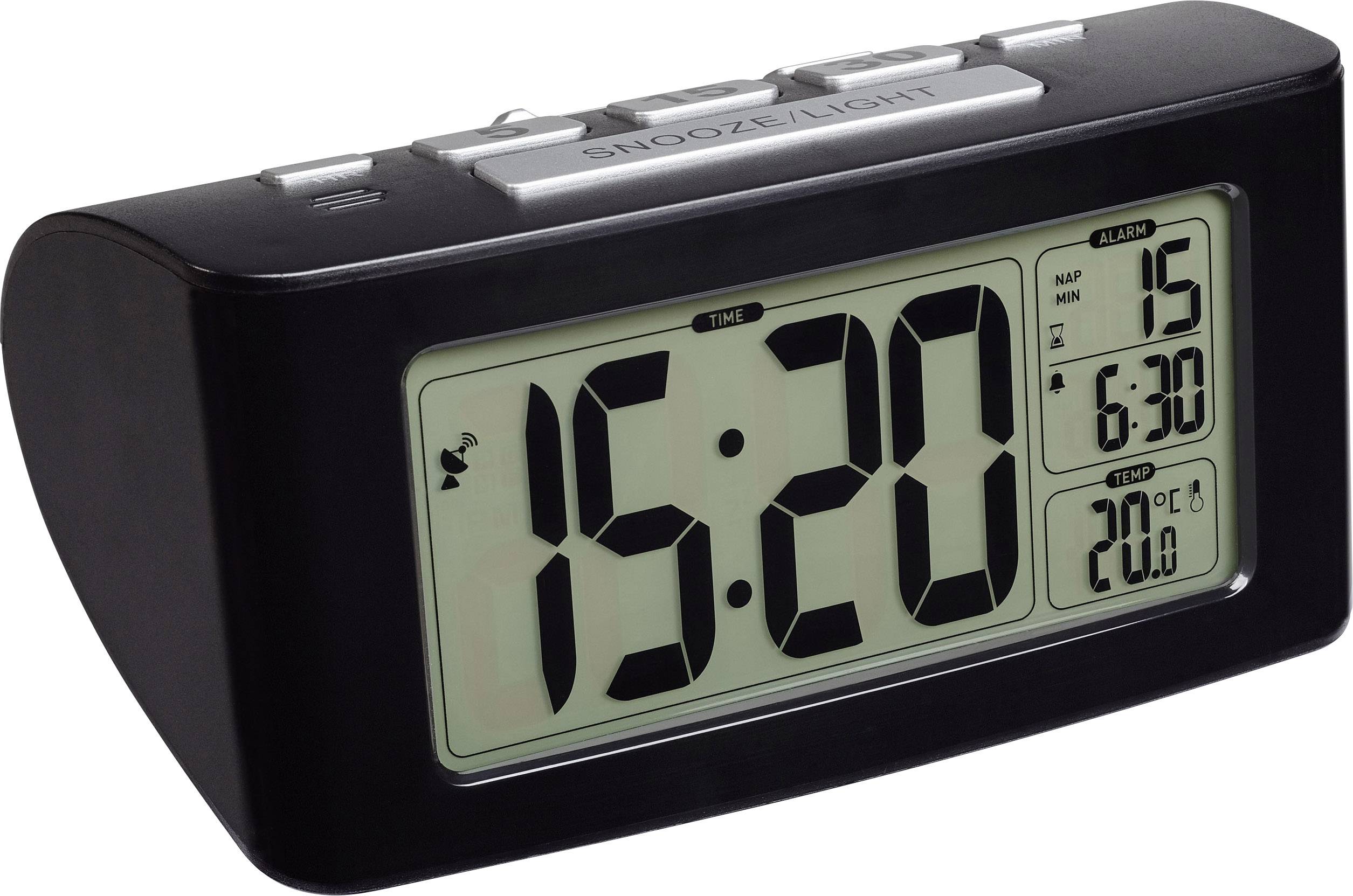 Digitaler Wecker zeigt 15:20 Uhr, Alarm um 6:30 Uhr eingestellt, Temperatur 20°C.