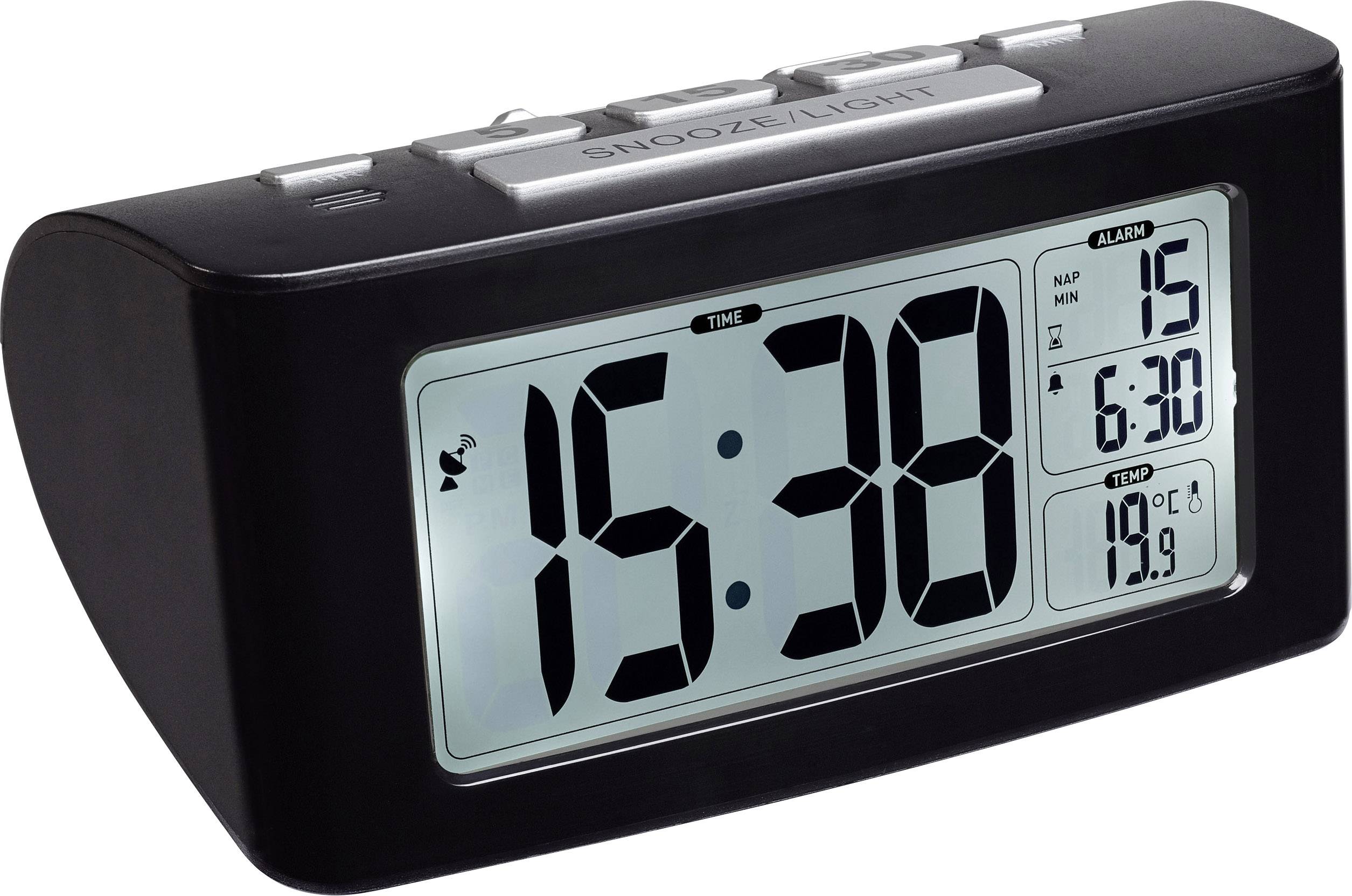 Digitaler Wecker mit großer Anzeige zeigt die Uhrzeit 15:38, Alarm 6:30 und Temperatur 19,9°C.