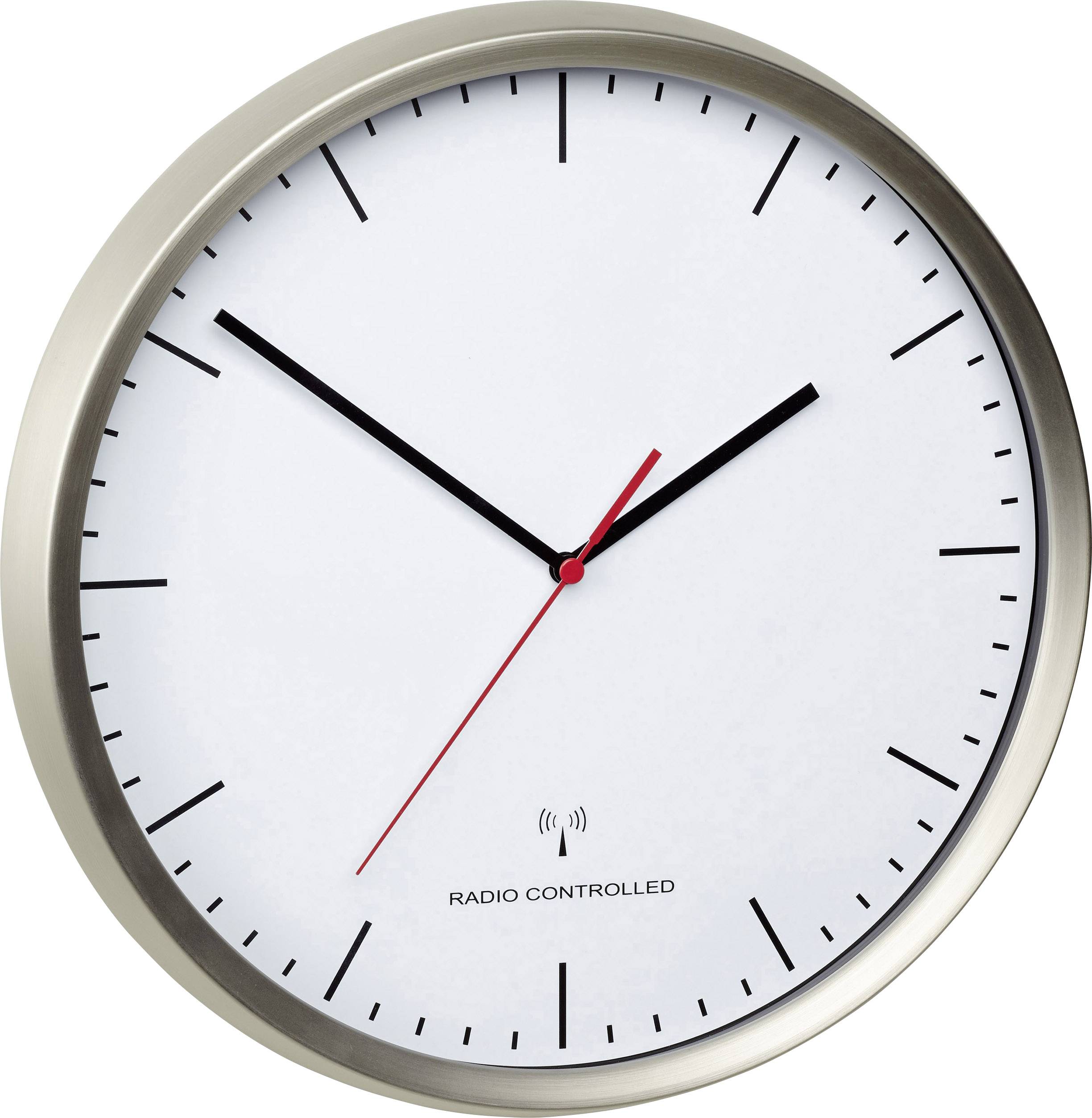Eine analoge Wanduhr mit silbernem Rand zeigt die Uhrzeit 10:10 an. Sie hat schwarze Stunden- und Minutenzeiger und einen roten Sekundenzeiger.