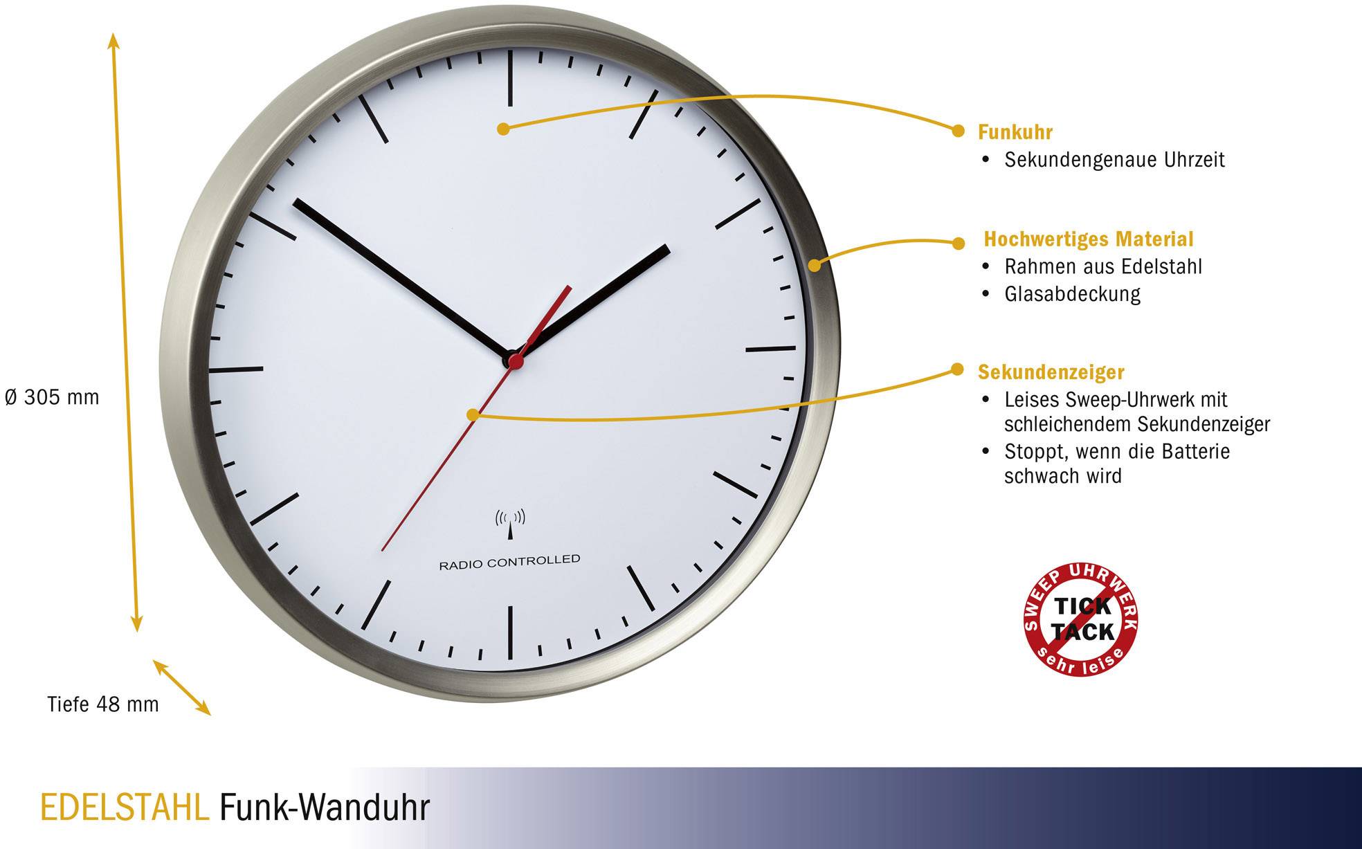 'Edelstahl Funk-Wanduhr' zeigt genaue Uhrzeit, Edelstahlrahmen, Glasabdeckung. Sekundenzeiger mit schleichender Bewegung, 305 mm Durchmesser.