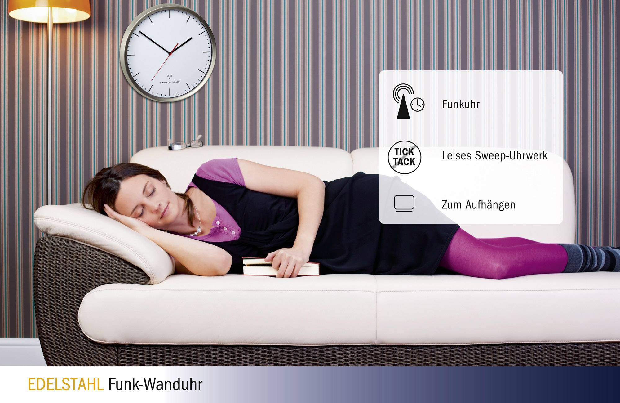 TFA Dostmann 60.3521.02 Funk Wanduhr 30.5cm x 4.8cm Edelstahl (gebürstet) Leisegang-Uhrwerk