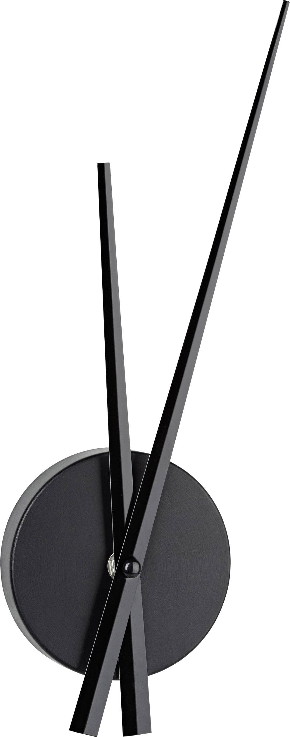 Schwarze moderne Wanduhr mit minimalistischen Zeigern, ohne Zifferblatt.