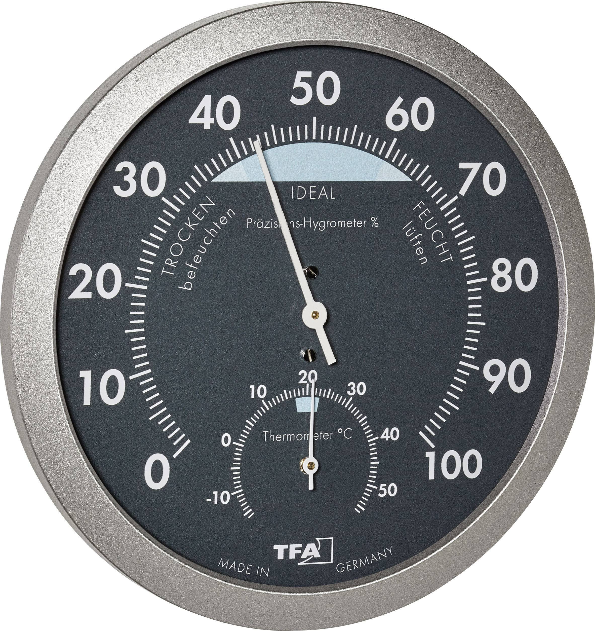 Runde analoge Hygrometer-Anzeige mit Skala von 0 bis 100 für Feuchtigkeit, zeigt 57 %. Integriertes Thermometer zeigt 20 °C.