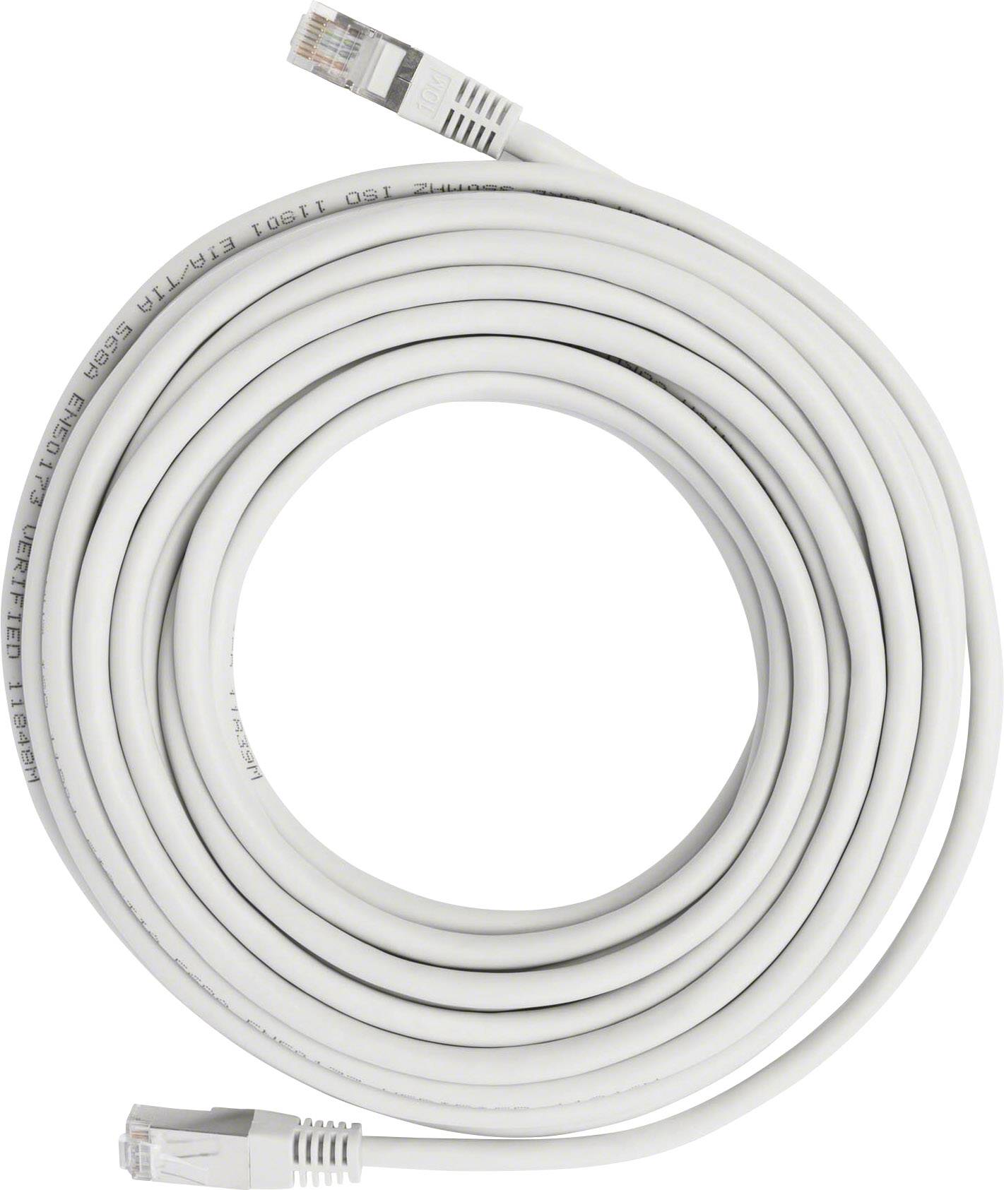 Ein weißes Ethernet-Kabel, längs aufgerollt, mit RJ45-Steckern an beiden Enden, geeignet für Netzwerkverbindungen.