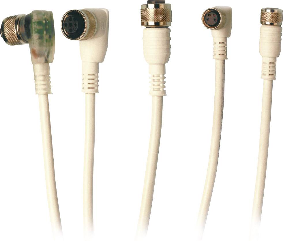 Fünf unterschiedliche weiße Kabel mit verschiedenen Steckverbindern. Sie variieren in Form und Verbindertyp, alle in Nahaufnahme gezeigt.