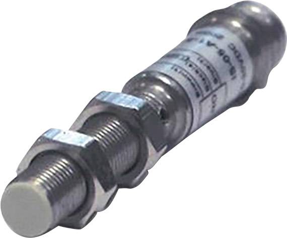 Metallischer zylindrischer Sensor mit zwei Muttern und einem Etikett. Hauptsächlich in industriellen Anwendungen verwendet.
