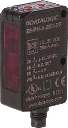 Ein rechteckiger Sensor in schwarzem Gehäuse mit roter Abdeckung. Etikett: 'DATALOGIC S8-PH-5-B51-PP' und technische Spezifikationen.