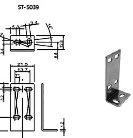 Technische Zeichnung und Foto einer Metallhalterung mit den Maßen: 13,2 mm Breite, 32 mm Höhe, 21,5 mm Tiefe. Modellnummer 'ST-5039'.