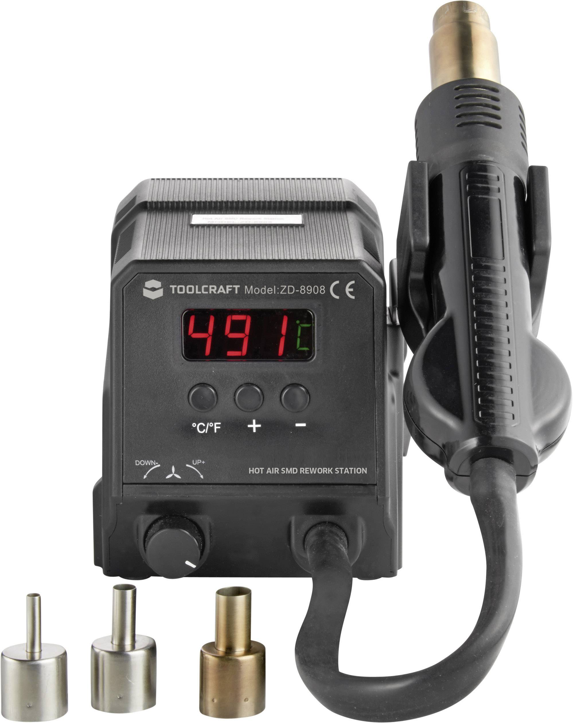 Eine Heißluft-Nacharbeitsstation von TOOLCRAFT, Modell ZD-8908, zeigt eine Temperatur von 491 °C. Drei verschiedene Düsen sind davor platziert.