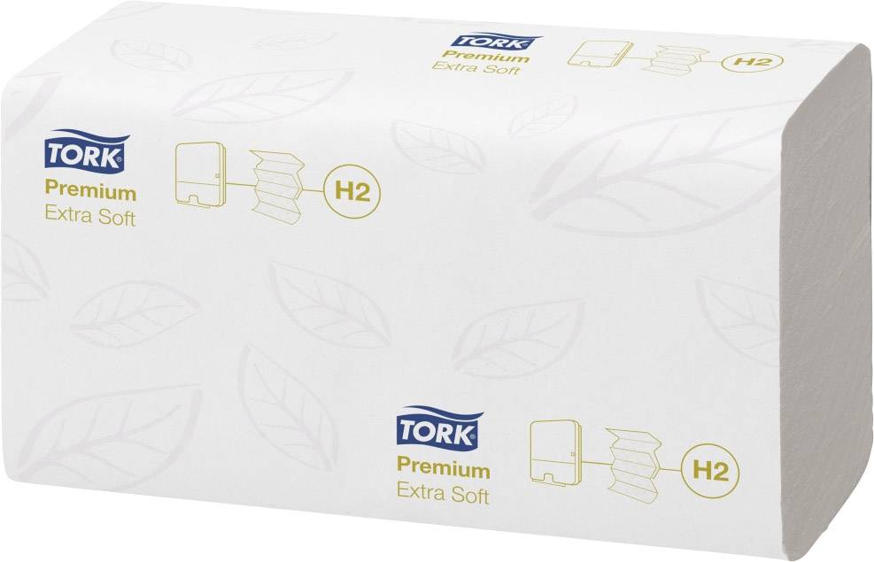 Ein Stapel weißer Tork Premium Extra Soft Papierhandtücher mit Blattmuster und 'H2' Kennzeichnung.