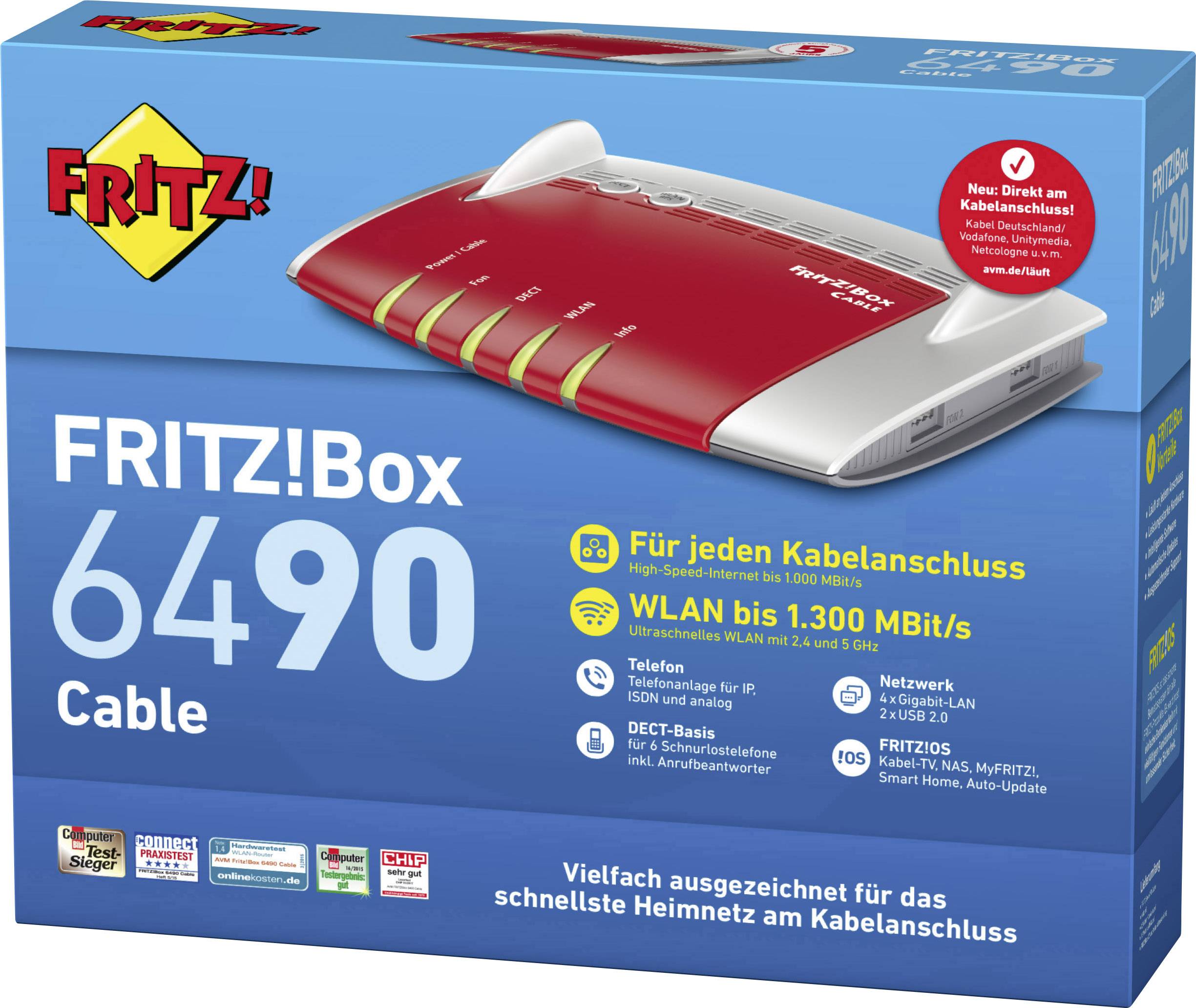 Fritz! FRITZ!Box 6490 Cable WLAN Router mit Modem Integriertes Modem: Kabel 2.4 GHz, 5 GHz 1.75 GBit/s