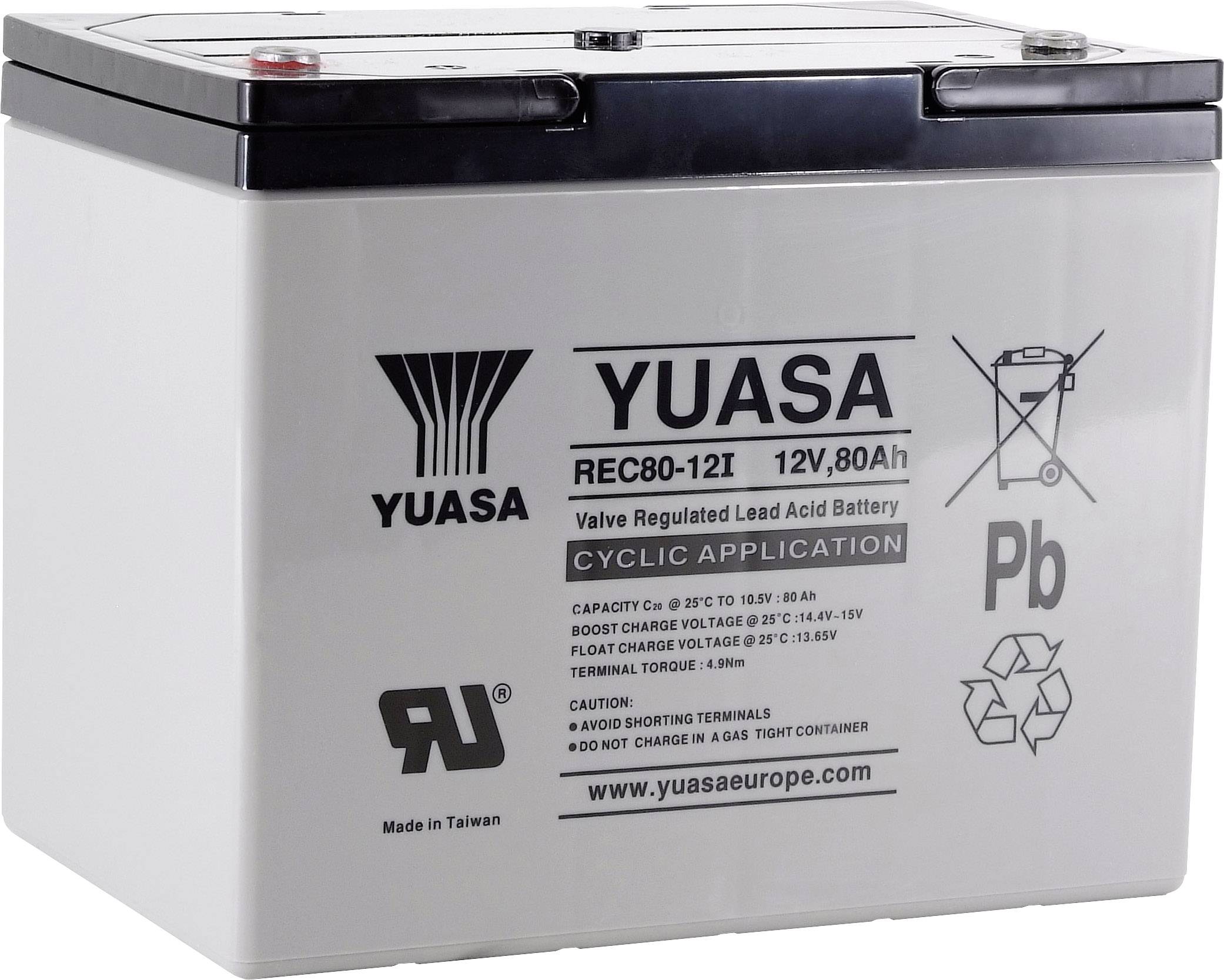 Eine Blei-Säure-Batterie von Yuasa mit 12V und 80Ah Kapazität, geeignet für zyklische Anwendungen, hergestellt in Taiwan.