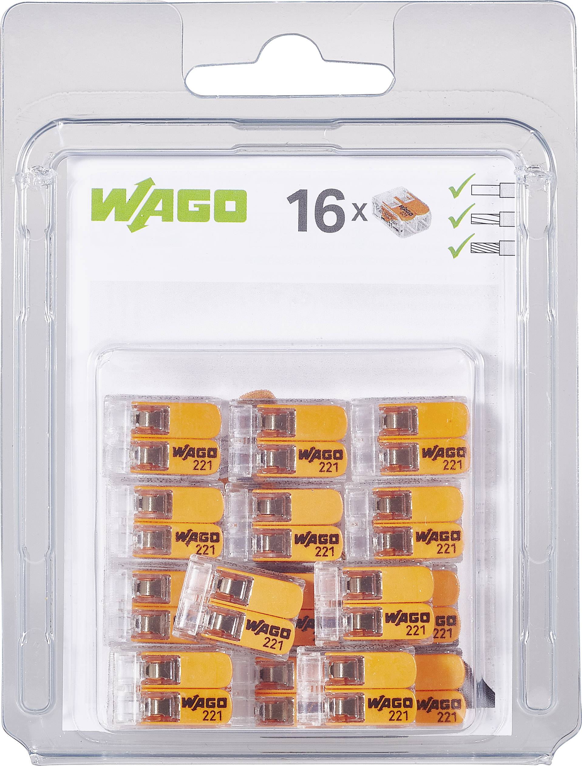 WAGO  221 Verbindungsklemme flexibel: 0.14-4 mm² starr: 0.2-4 mm² Polzahl (num): 2 16 St. Transparent, Orange
