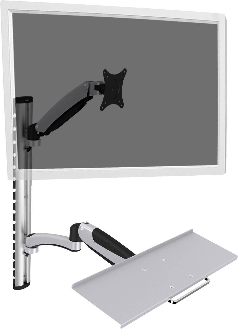 Ein höhenverstellbarer Monitorarm mit integriertem Tastaturfach, ausgelegt für ergonomische Arbeitsplatzgestaltung.