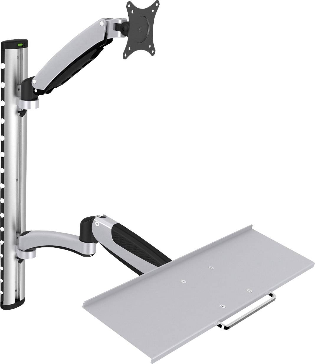 Monitorständer mit Halterung und Tastaturablage, silber und schwarz, flexibel verstellbar. Ideal für ergonomische Arbeitsplätze.
