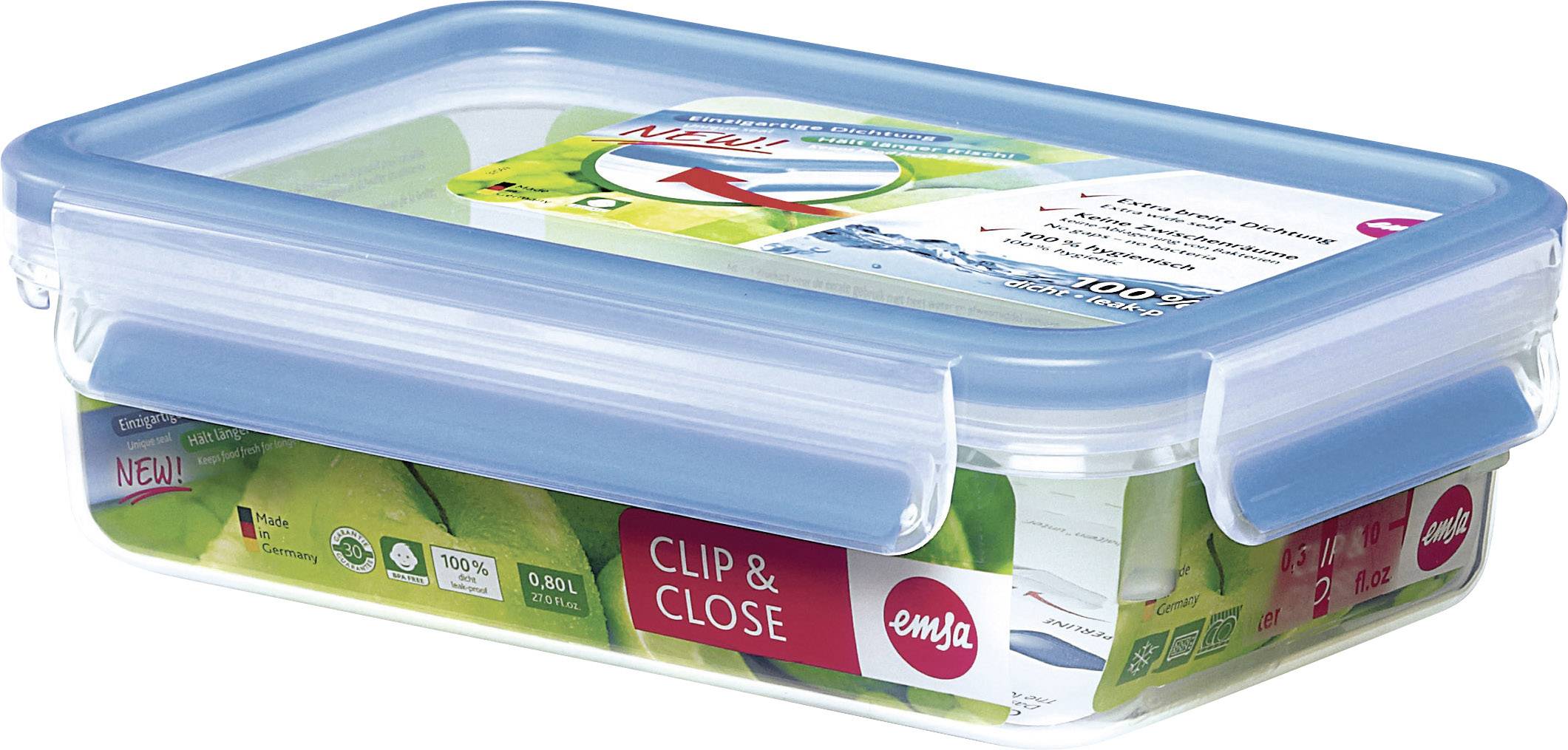 EMSA 508539 CLIP & CLOSE FRISCHHALTEDOSEN, Box, Rechteckig, 0,8 l, Transparent, Deutschland, 135 mm
